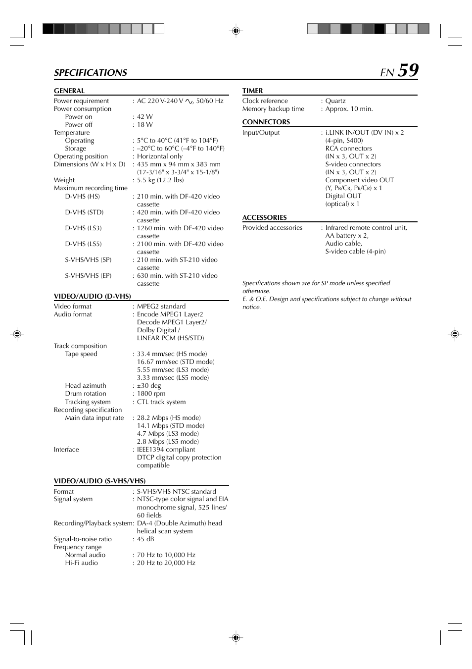 Specifications | JVC SR-VD400E User Manual | Page 59 / 60