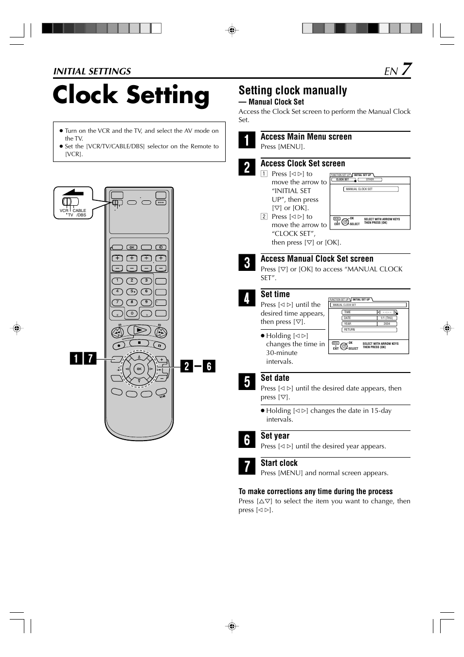 Clock setting, Setting clock manually, Initial settings | JVC SR-VD400E User Manual | Page 7 / 60