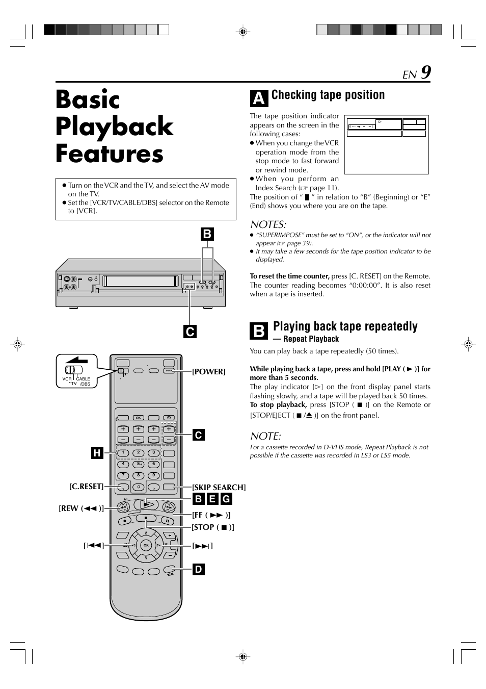 Basic playback features, Checking tape position, Playing back tape repeatedly | JVC SR-VD400E User Manual | Page 9 / 60