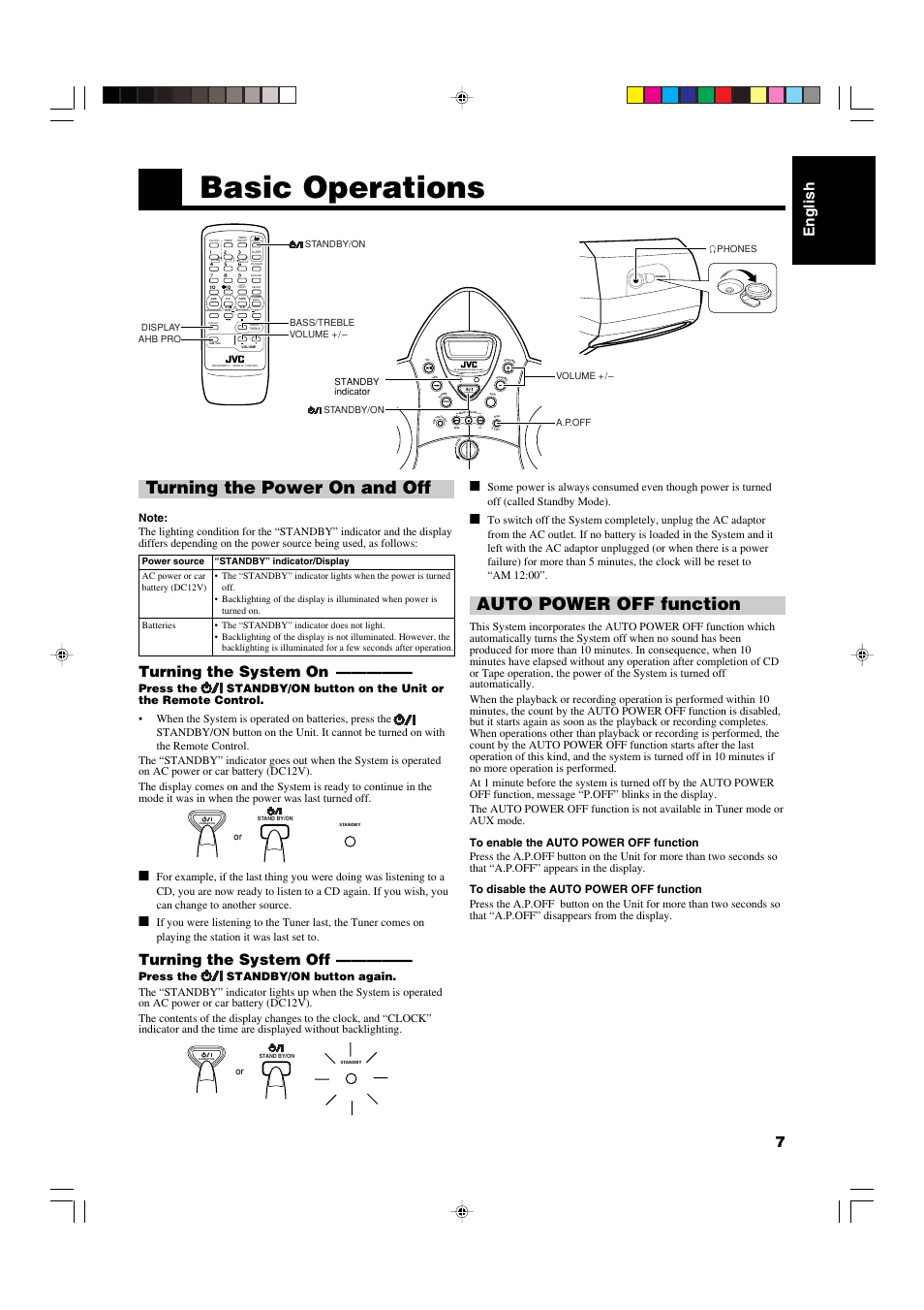 Basic operations, Turning the power on and off, Auto power off function | English 7, Turning the system on, Turning the system off, Stand by/on, Standby cd portable system rs-wp1, Standby/on | JVC RS-WP1WT User Manual | Page 10 / 25