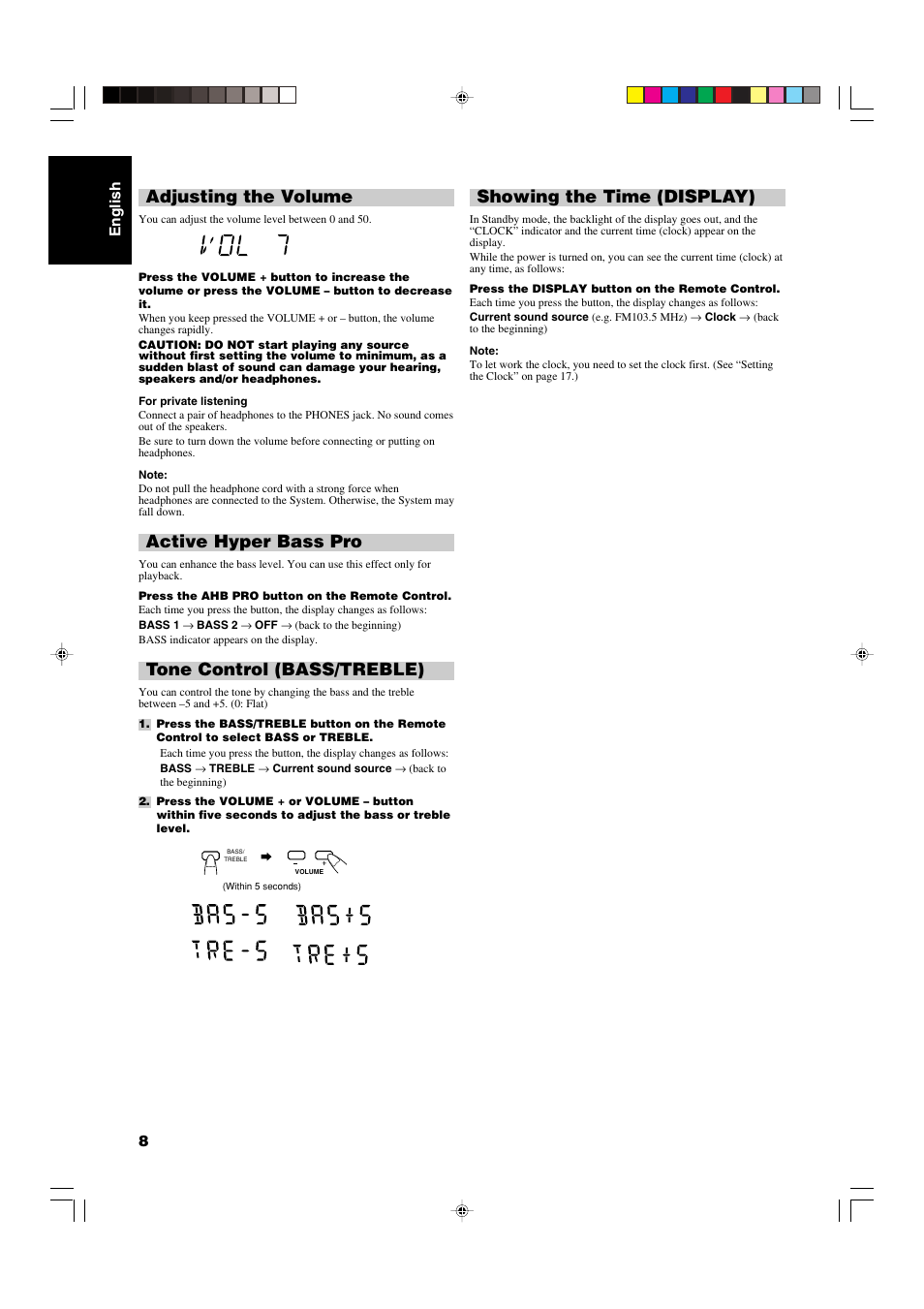 Showing the time (display), Adjusting the volume, Active hyper bass pro | Tone control (bass/treble) | JVC RS-WP1WT User Manual | Page 11 / 25