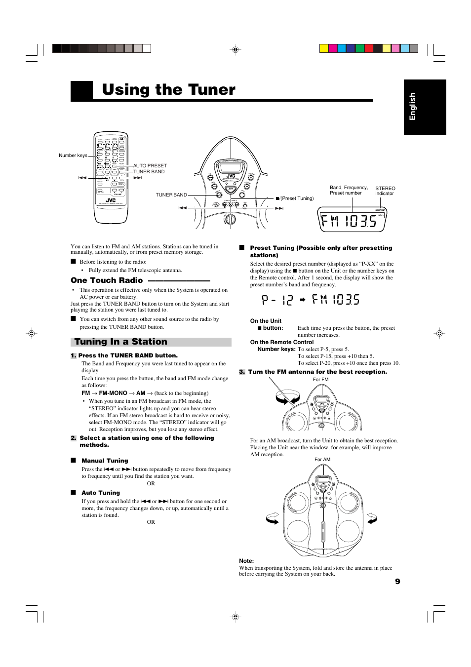 Using the tuner, Tuning in a station, English 9 | One touch radio, Stand by/on, Standby cd portable system rs-wp1, Standby/on, Volume, Volume aux tu ne r ta pe cd asp | JVC RS-WP1WT User Manual | Page 12 / 25