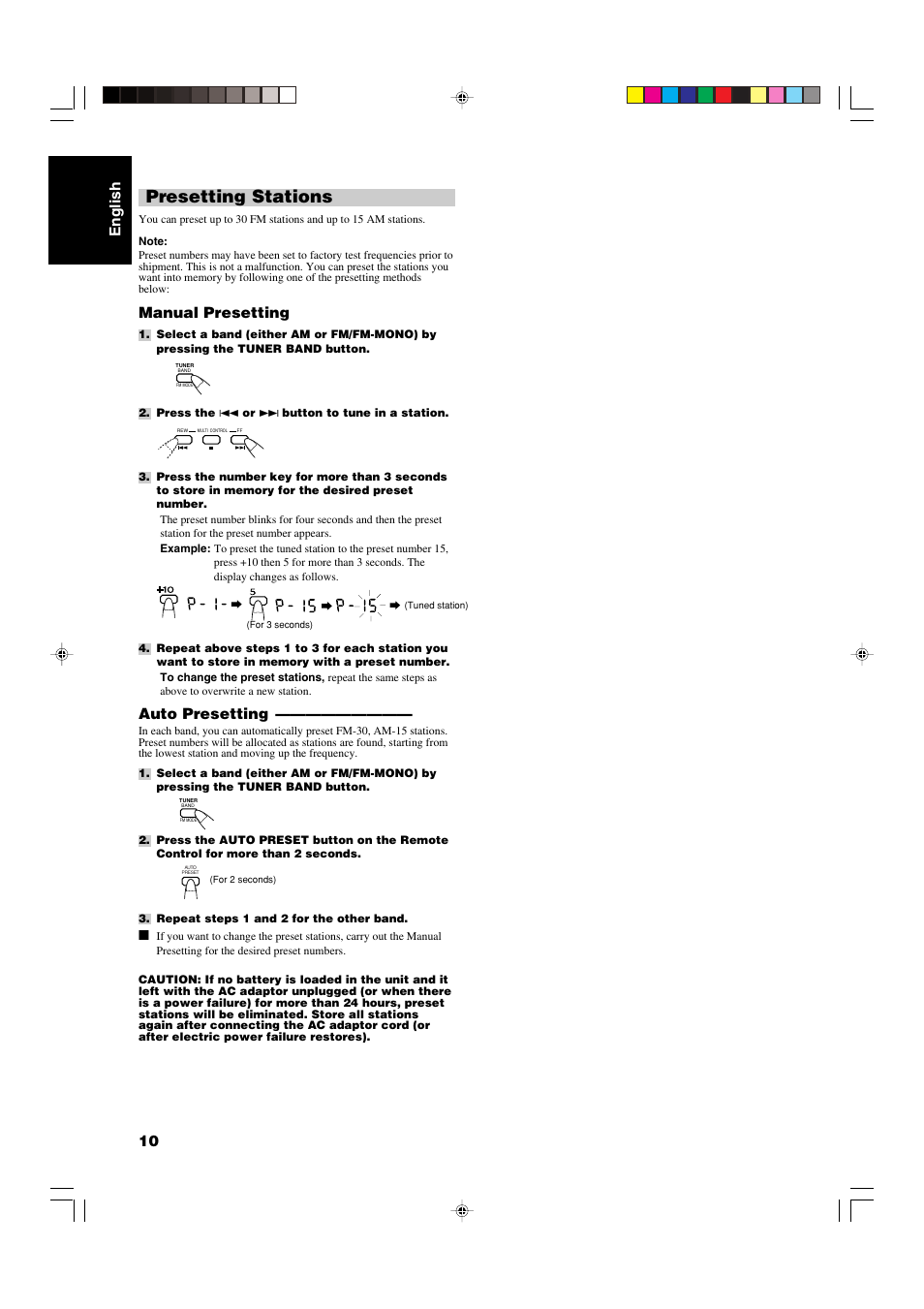 Presetting stations, English 10, Manual presetting | Auto presetting | JVC RS-WP1WT User Manual | Page 13 / 25
