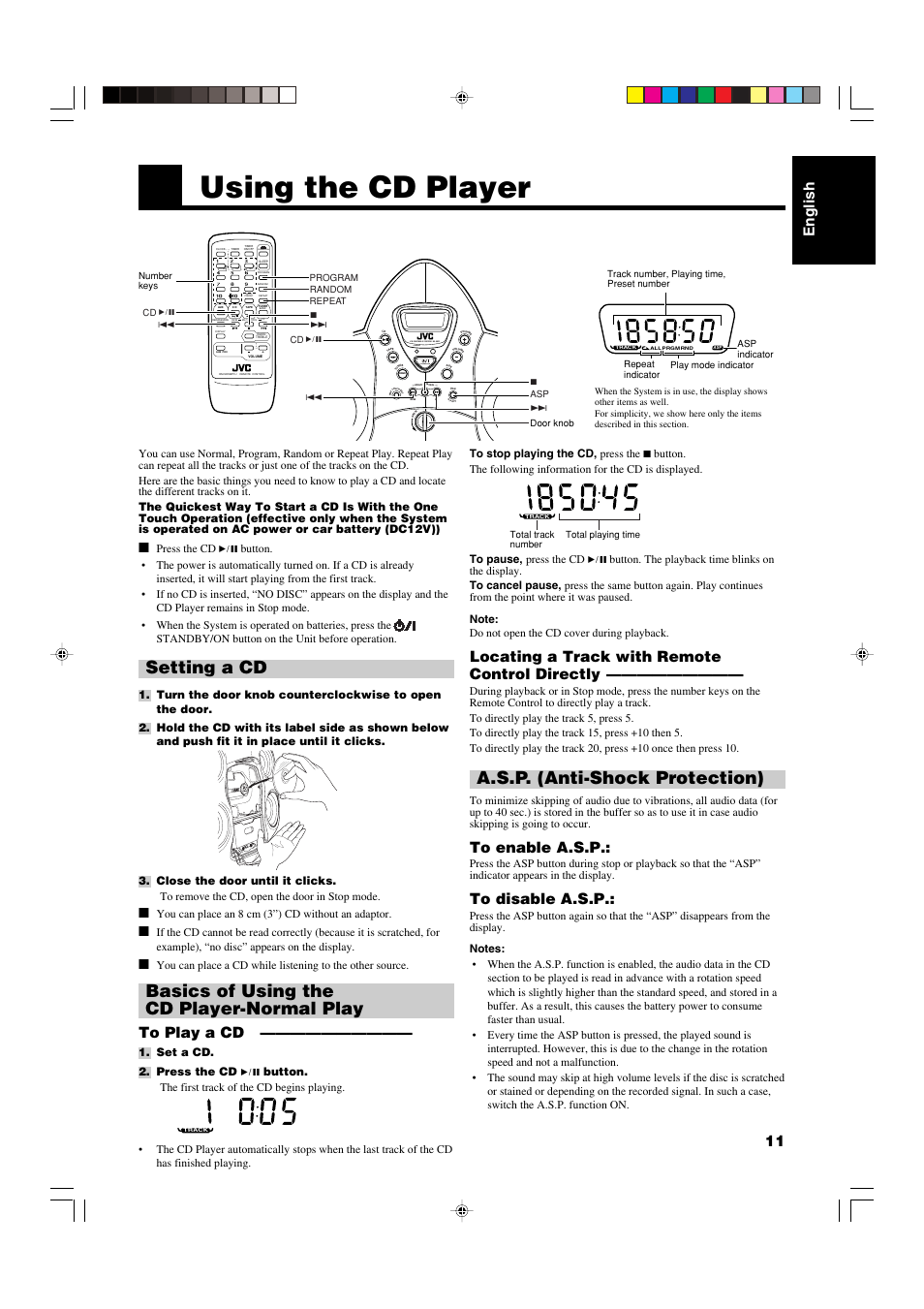 Using the cd player, A.s.p. (anti-shock protection), Setting a cd | Basics of using the cd player-normal play, English 11, Locating a track with remote control directly, Stand by/on, Standby cd portable system rs-wp1, Standby/on | JVC RS-WP1WT User Manual | Page 14 / 25