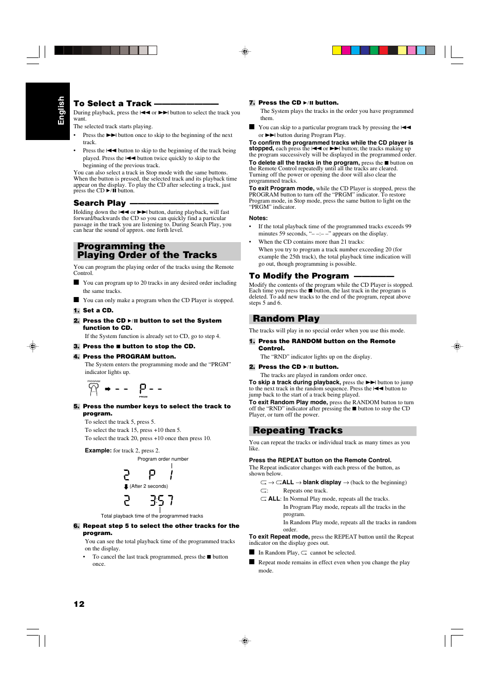 Programming the playing order of the tracks, Random play, Repeating tracks | English 12 to select a track, Search play | JVC RS-WP1WT User Manual | Page 15 / 25