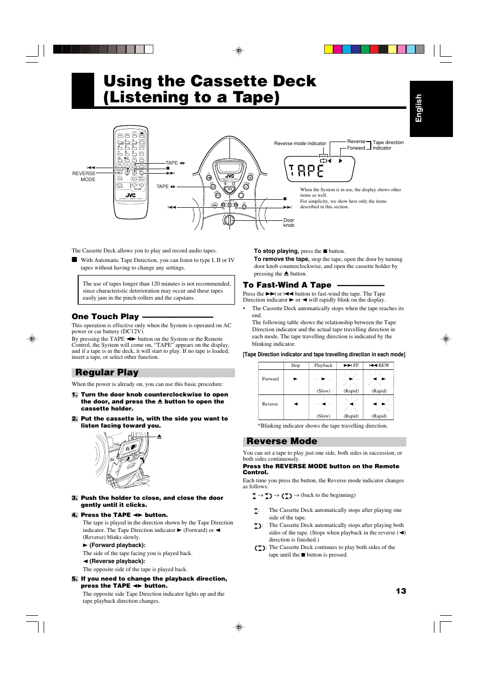 Using the cassette deck, Using the cassette deck (listening to a tape), Regular play | Reverse mode, English 13, One touch play, Standby cd portable system rs-wp1, Standby/on, Stand by/on | JVC RS-WP1WT User Manual | Page 16 / 25
