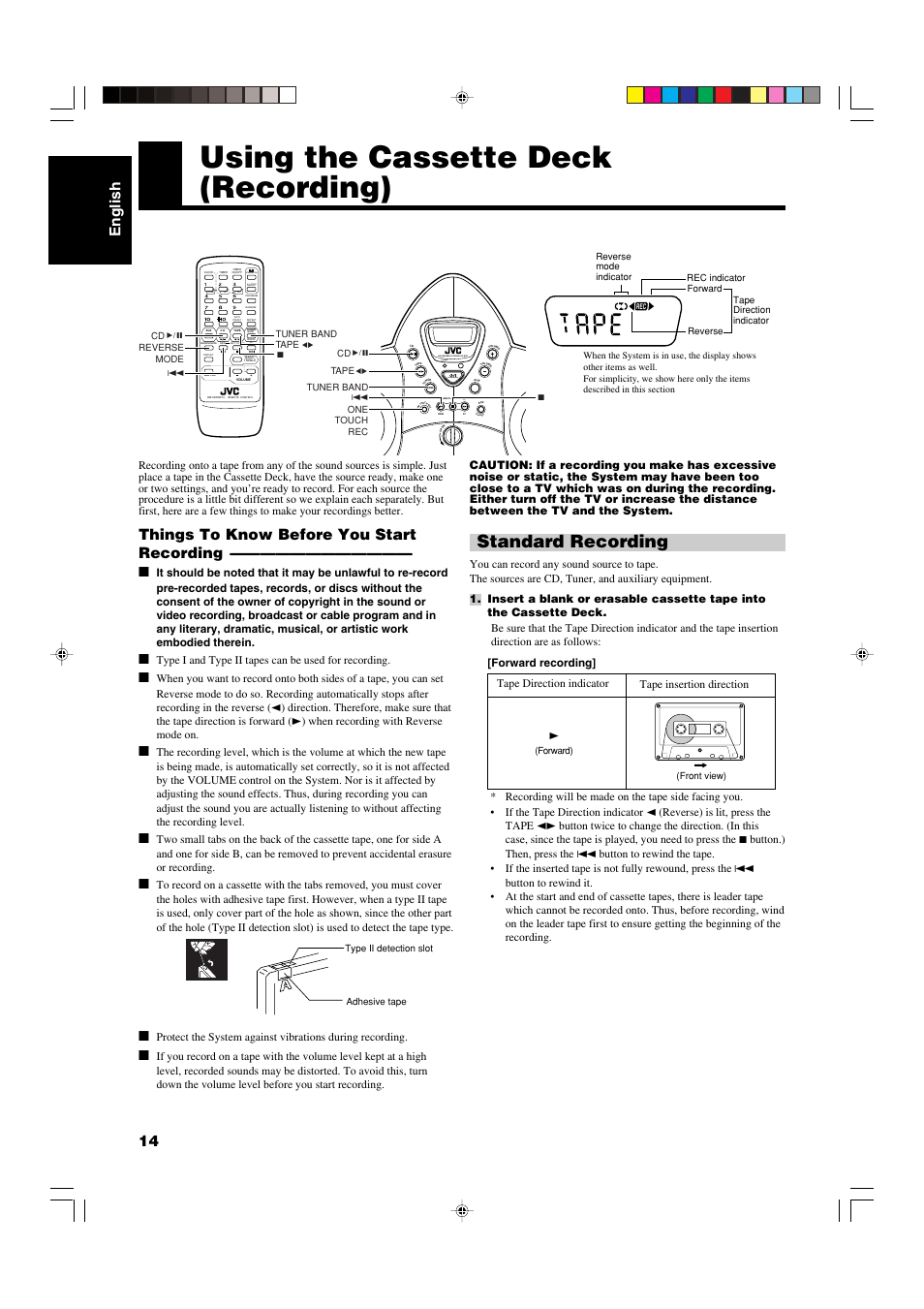 Using the cassette deck (recording), Standard recording, English 14 | Things to know before you start recording, Stand by/on, Standby cd portable system rs-wp1, Standby/on | JVC RS-WP1WT User Manual | Page 17 / 25