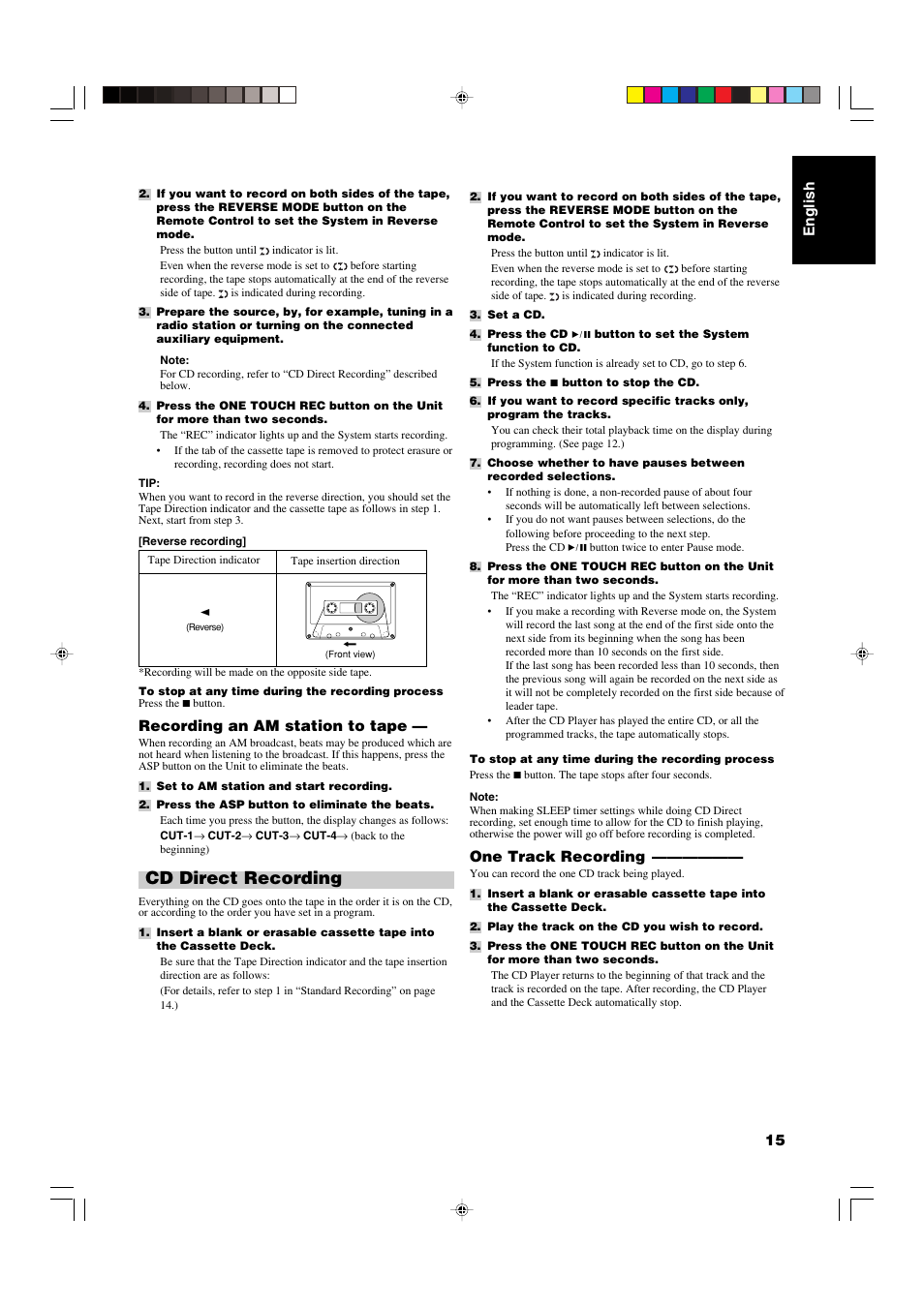 Cd direct recording, English 15, One track recording | Recording an am station to tape | JVC RS-WP1WT User Manual | Page 18 / 25