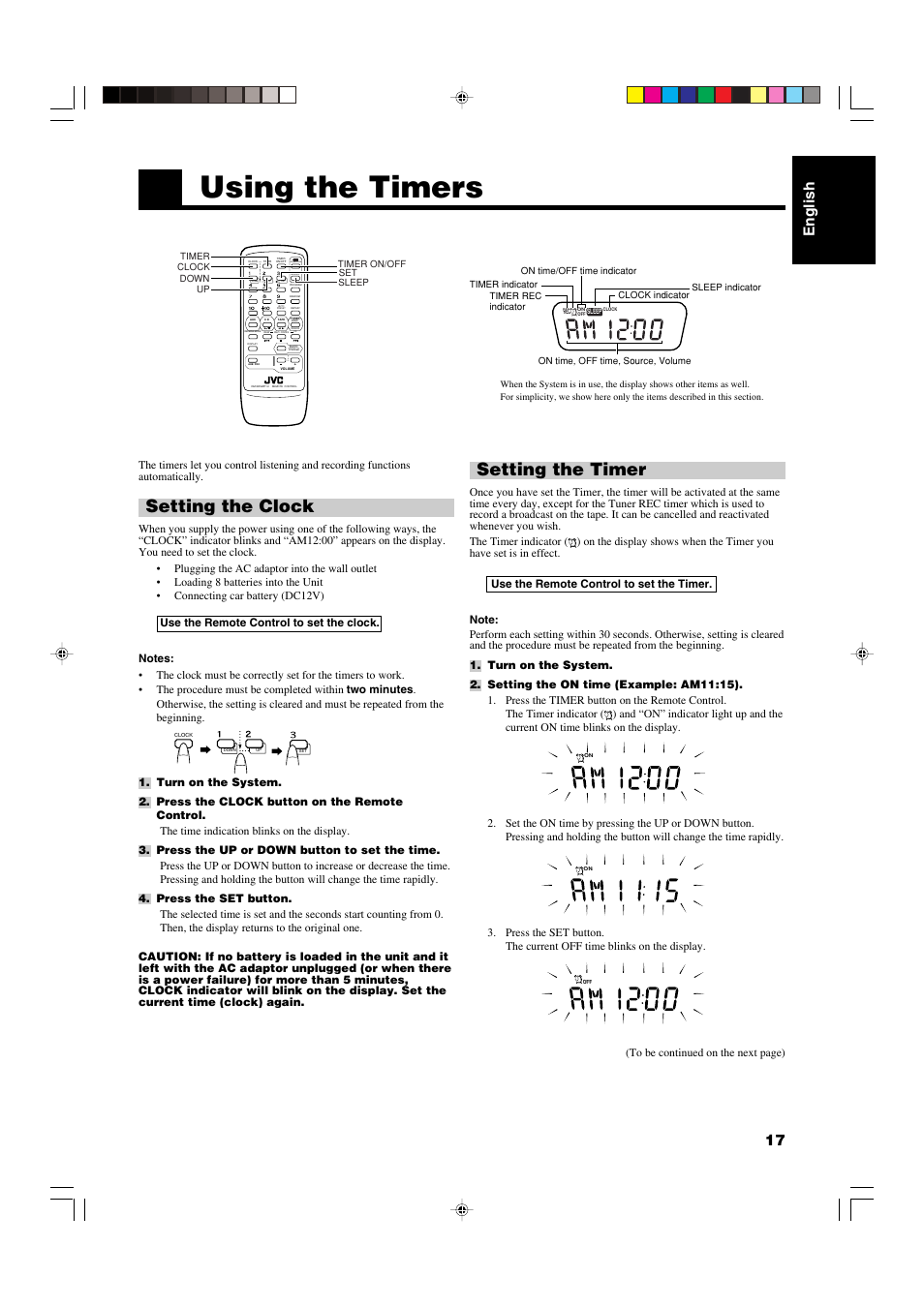 Using the timers, Setting the clock, Setting the timer | English 17, Stand by/on | JVC RS-WP1WT User Manual | Page 20 / 25