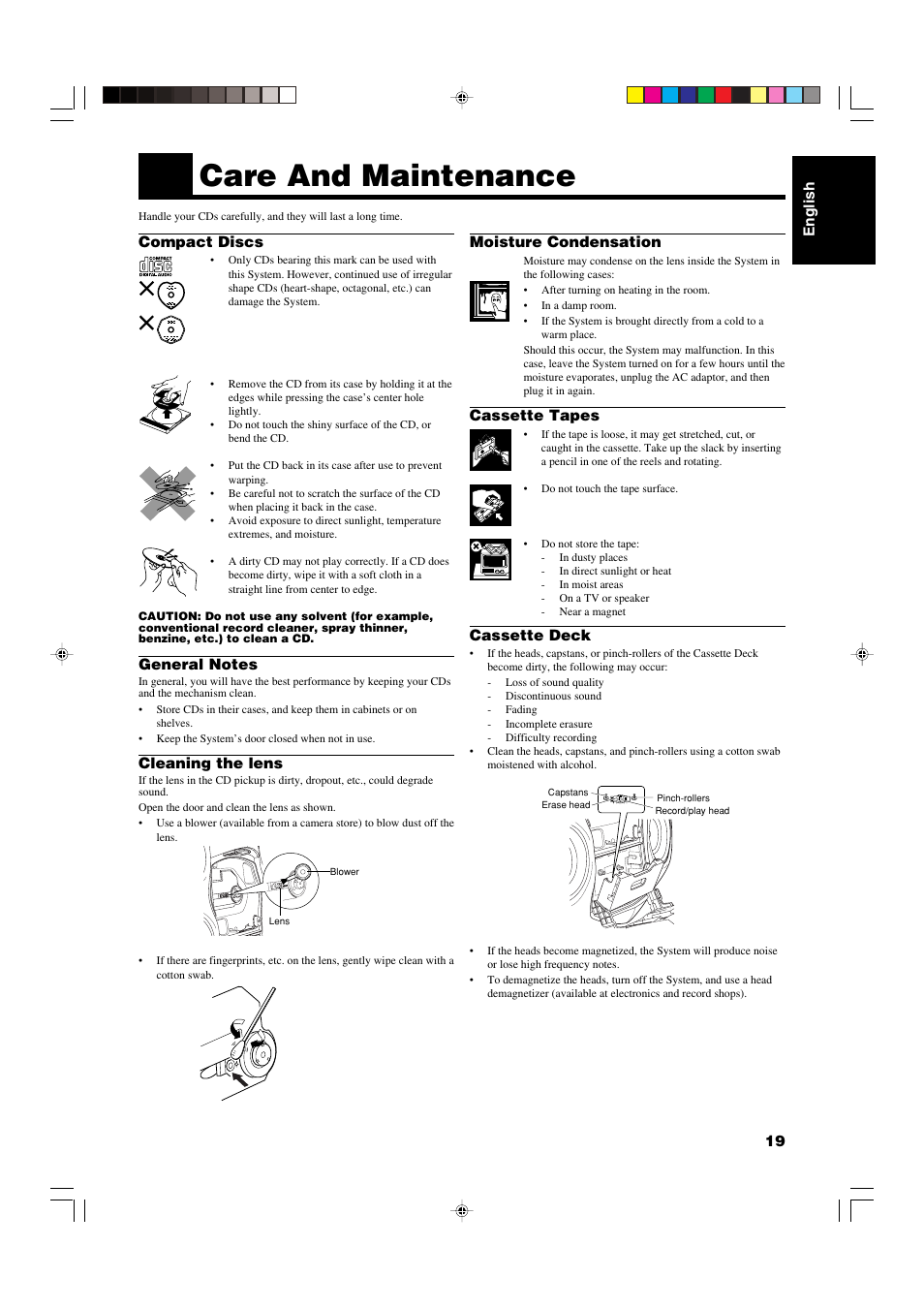 Care and maintenance, English 19, Compact discs | Cleaning the lens, Moisture condensation, Cassette tapes, Cassette deck | JVC RS-WP1WT User Manual | Page 22 / 25