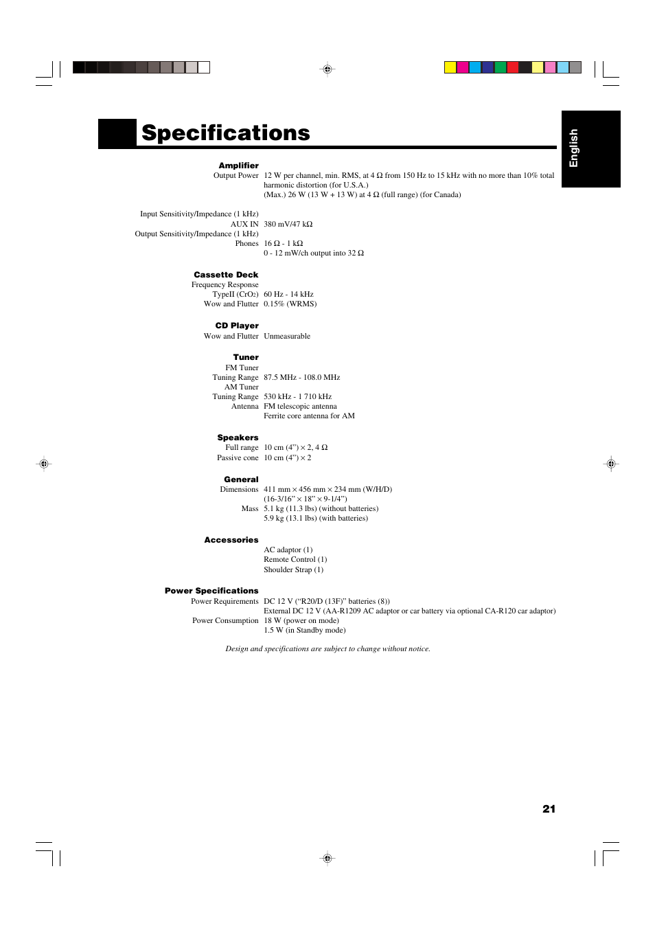 Specifications, English 21 | JVC RS-WP1WT User Manual | Page 24 / 25