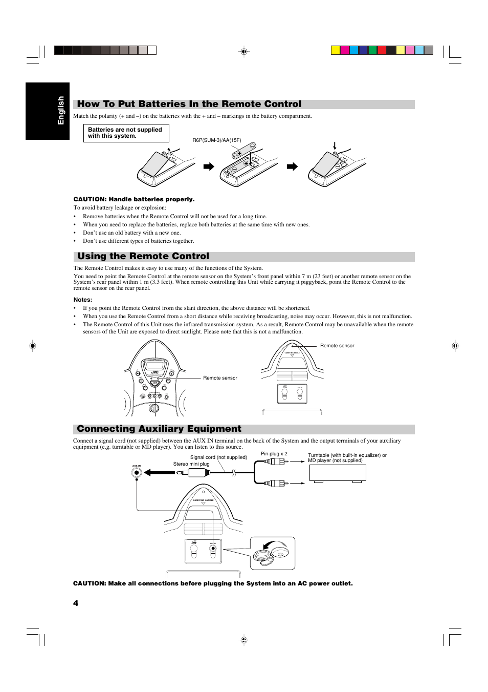 How to put batteries in the remote control, Using the remote control, Connecting auxiliary equipment | English 4, Standby/on a .p.off | JVC RS-WP1WT User Manual | Page 7 / 25