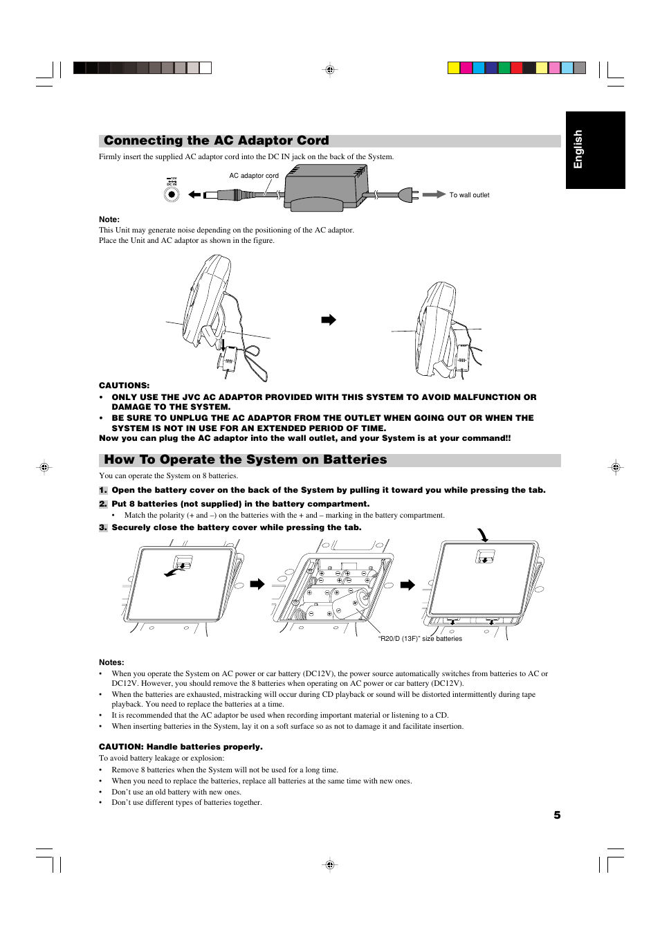 Connecting the ac adaptor cord, How to operate the system on batteries, English 5 | JVC RS-WP1WT User Manual | Page 8 / 25