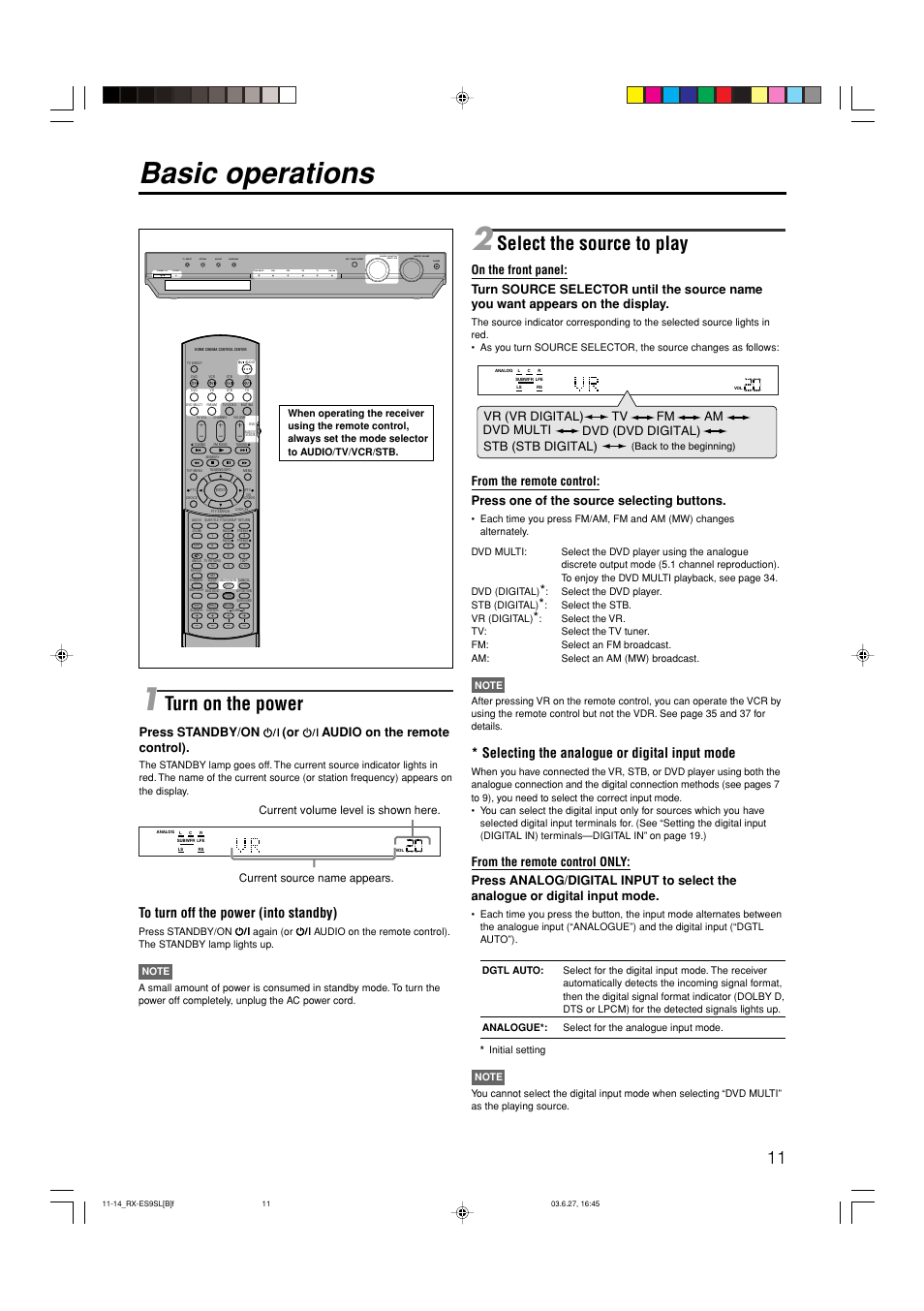 Basic operations, Select the source to play, Turn on the power | Selecting the analogue or digital input mode, Press standby/on (or audio on the remote control) | JVC LVT1112-001A User Manual | Page 15 / 45