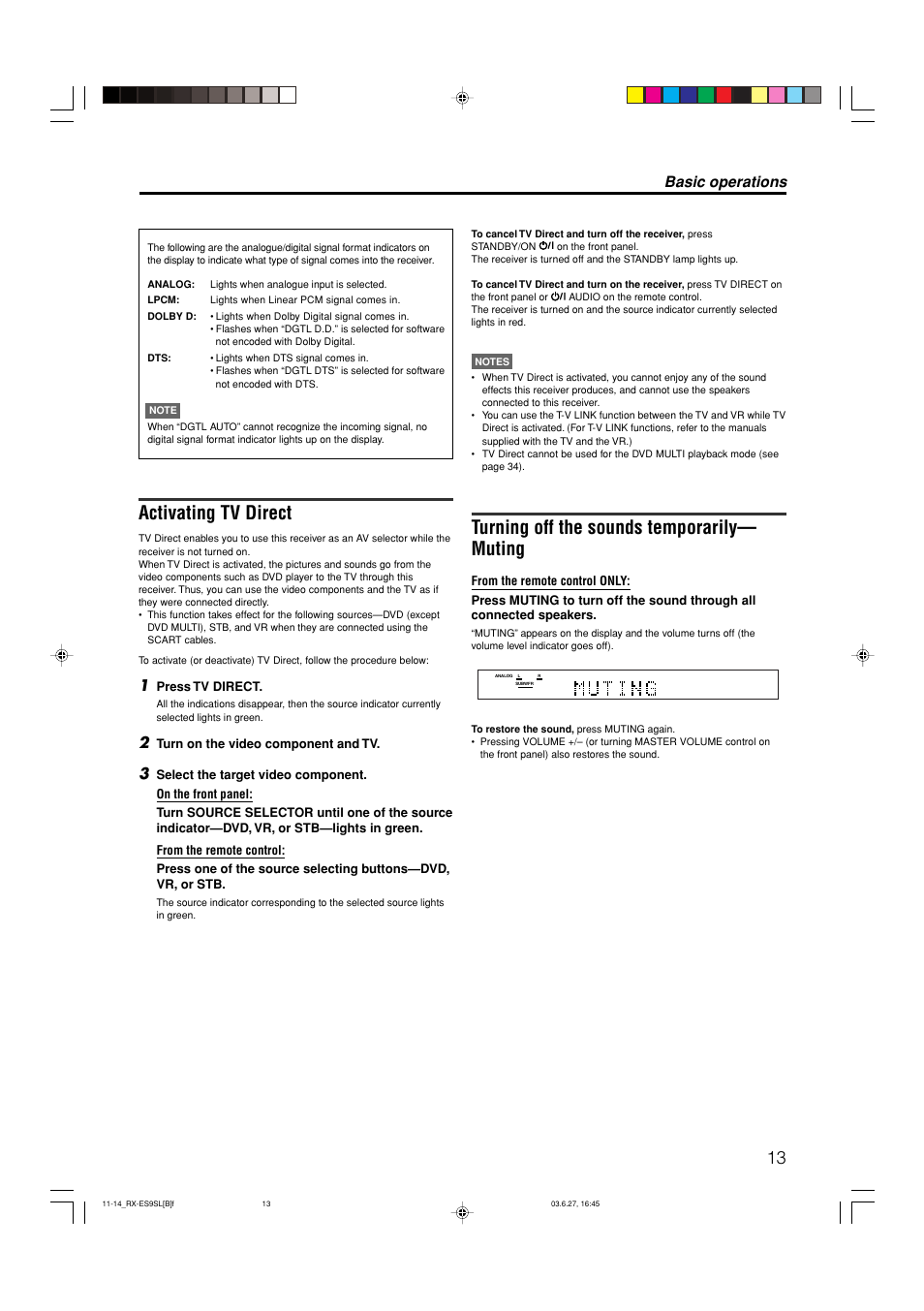 Activating tv direct, Turning off the sounds temporarily— muting, Basic operations | JVC LVT1112-001A User Manual | Page 17 / 45