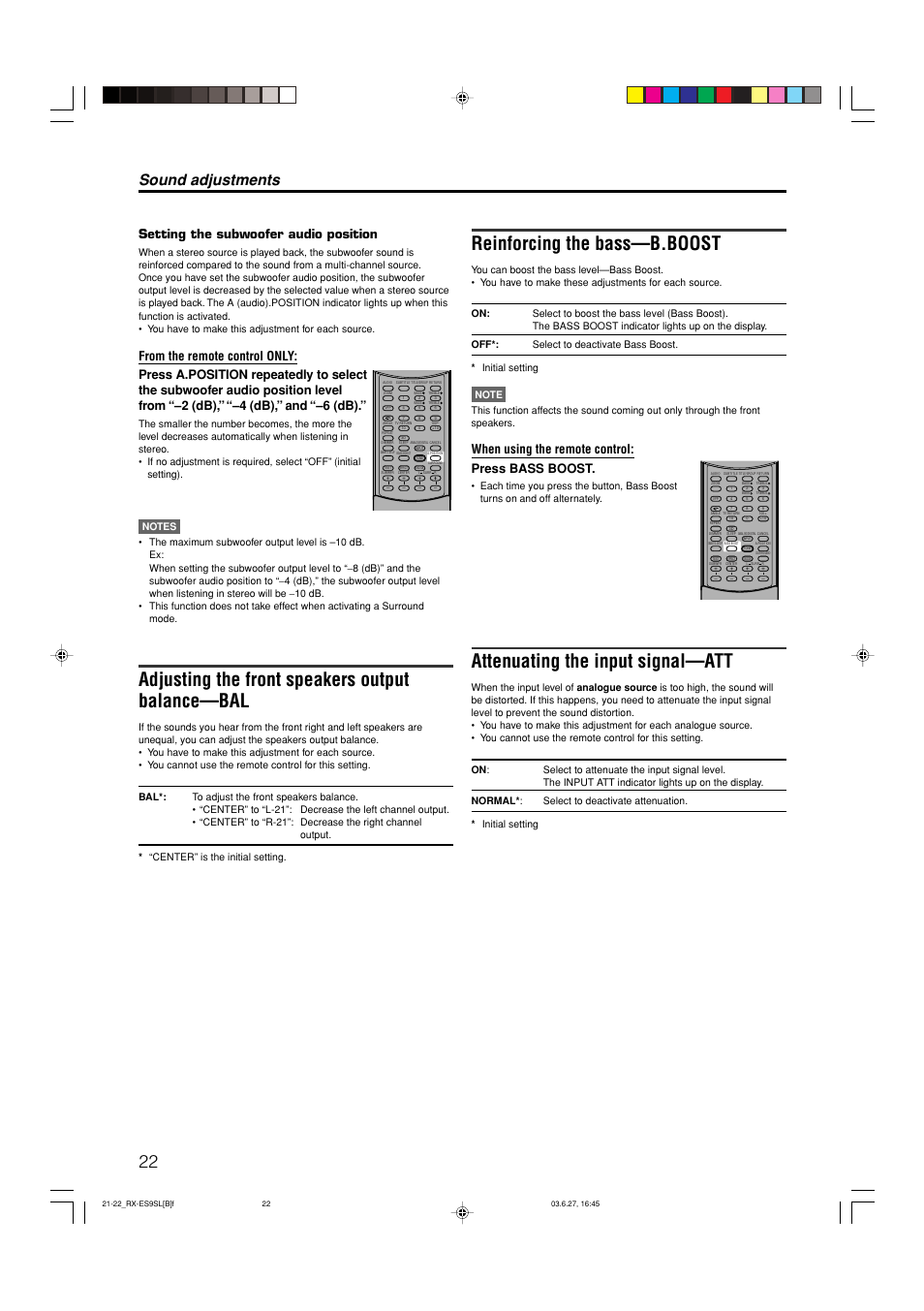 Adjusting the front speakers output balance—bal, Reinforcing the bass—b.boost, Attenuating the input signal—att | Sound adjustments, Setting the subwoofer audio position, When using the remote control: press bass boost | JVC LVT1112-001A User Manual | Page 26 / 45