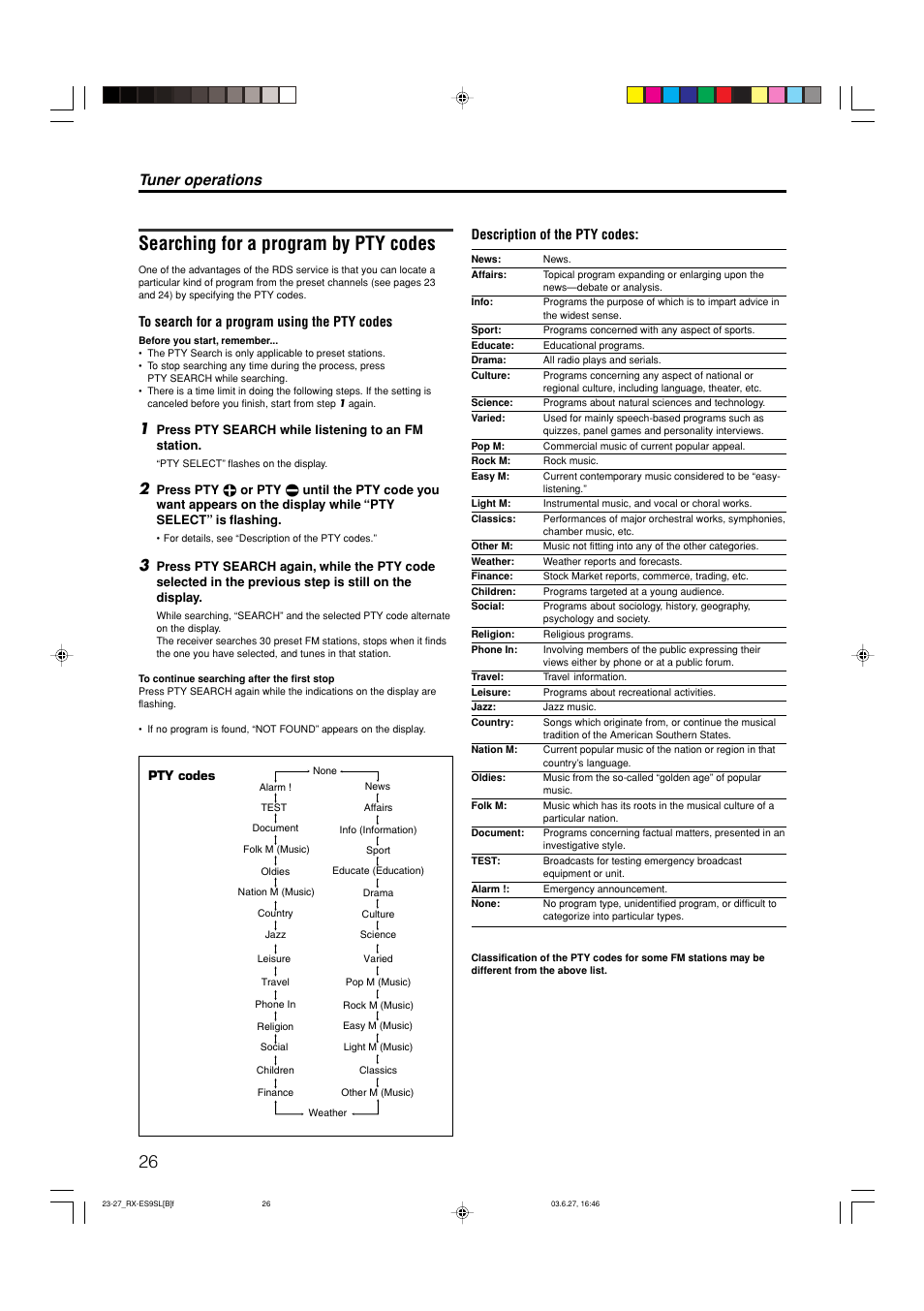 Searching for a program by pty codes, Tuner operations, Description of the pty codes | JVC LVT1112-001A User Manual | Page 30 / 45