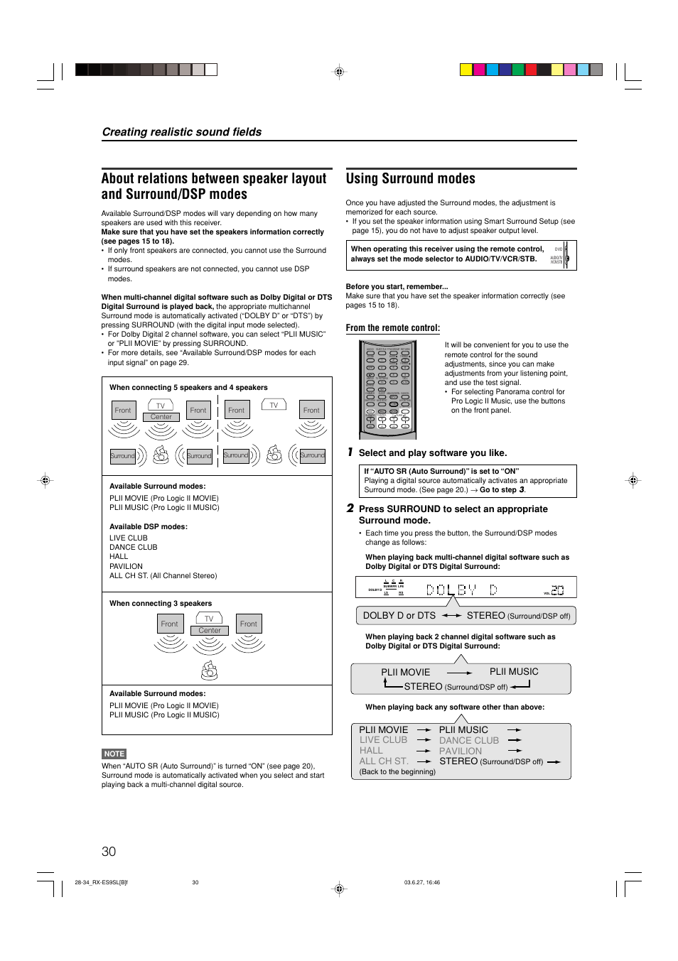 Using surround modes, Creating realistic sound fields, Select and play software you like | Stereo, Dolby d or dts, Plii movie plii music stereo, Live club pavilion hall dance club all ch st | JVC LVT1112-001A User Manual | Page 34 / 45