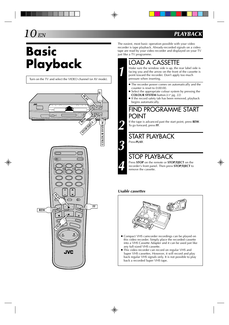 Basic playback, Load a cassette, Find programme start point | Start playback, Stop playback, Playback | JVC HR-J239EE User Manual | Page 10 / 32