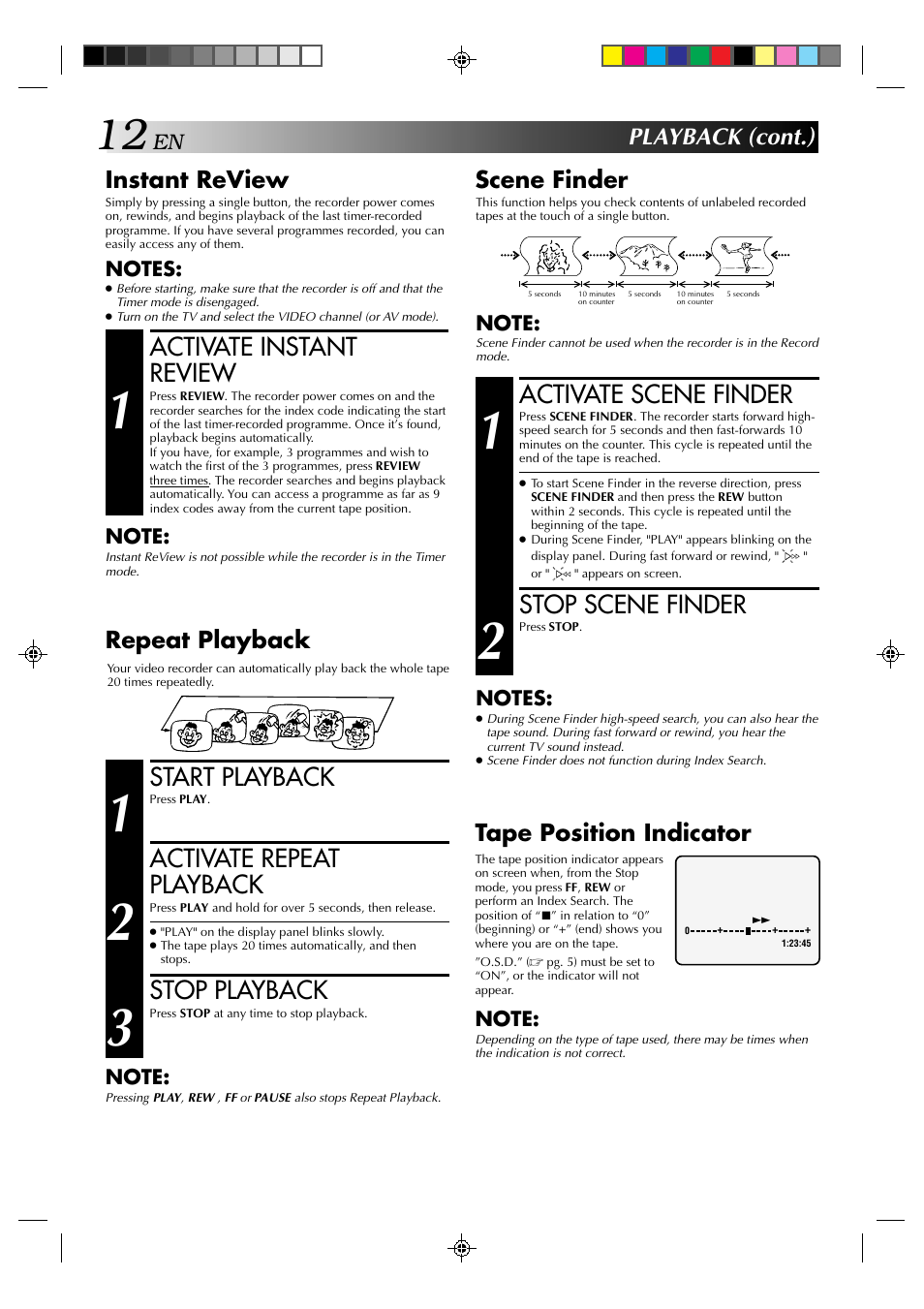 Activate scene finder, Stop scene finder, Activate instant review | Start playback, Activate repeat playback, Stop playback, Playback (cont.) instant review, Scene finder, Tape position indicator, Repeat playback | JVC HR-J239EE User Manual | Page 12 / 32
