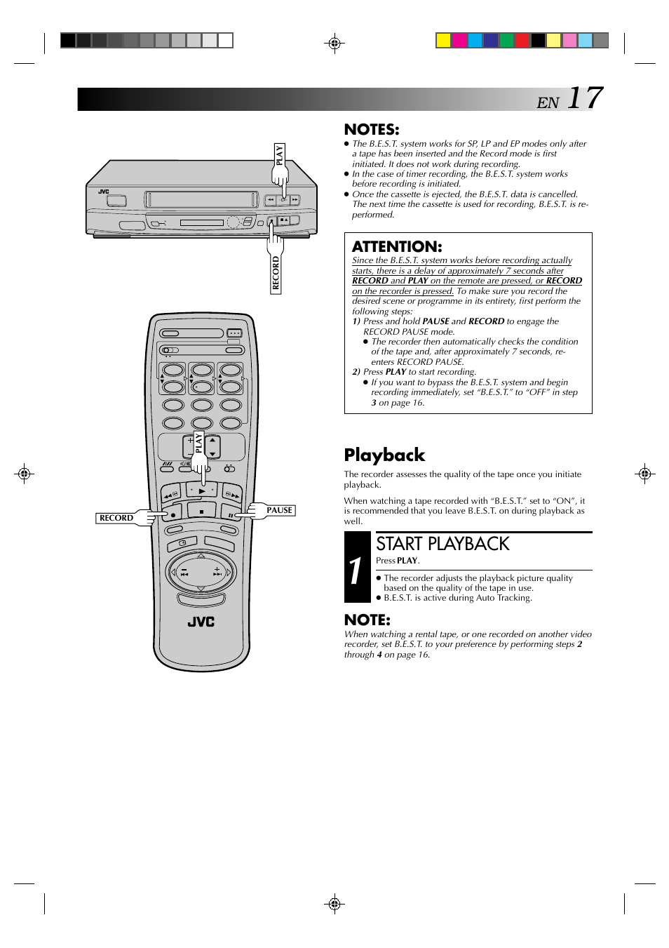 Start playback, Playback, Attention | JVC HR-J239EE User Manual | Page 17 / 32