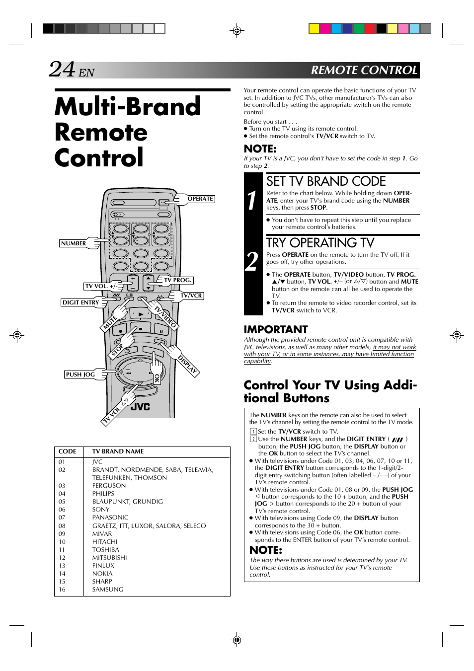 Multi-brand remote control, Set tv brand code, Try operating tv | Important | JVC HR-J239EE User Manual | Page 24 / 32