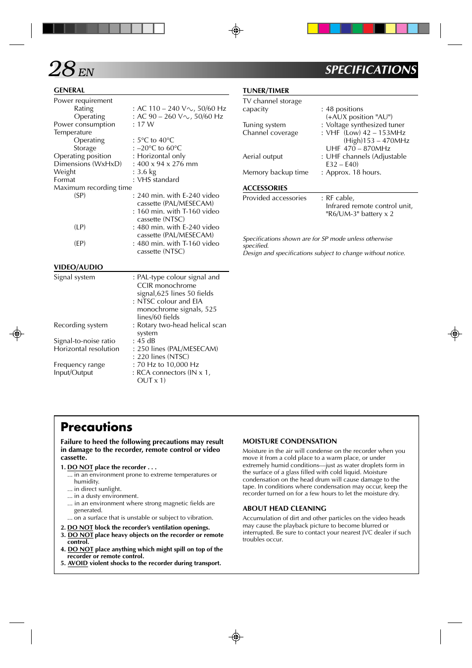 Specifications, Precautions | JVC HR-J239EE User Manual | Page 28 / 32