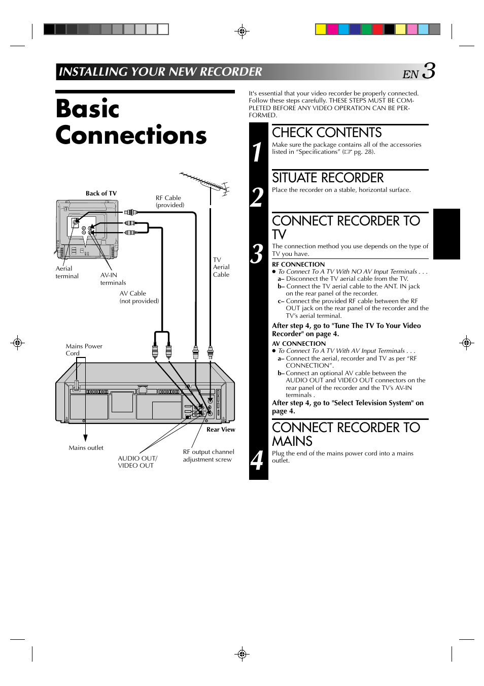 Basic connections, Check contents, Situate recorder | Connect recorder to tv, Connect recorder to mains, Installing your new recorder | JVC HR-J239EE User Manual | Page 3 / 32