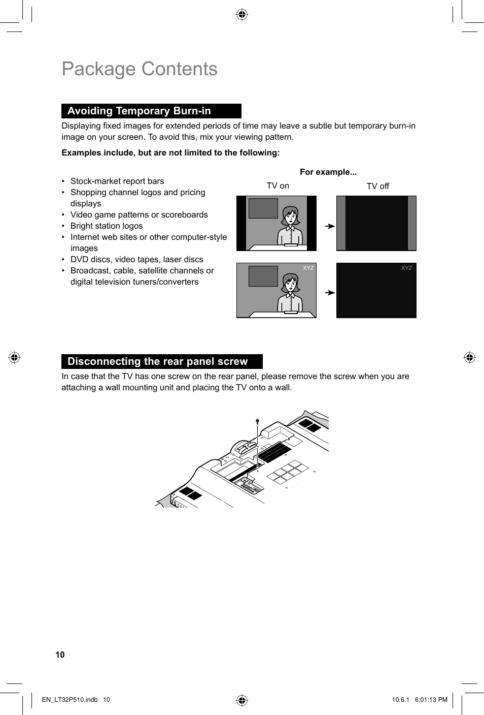 Avoiding temporary burn-in, Disconnecting the rear panel screw, Package contents | JVC 0610TMH-MW-ST User Manual | Page 10 / 64