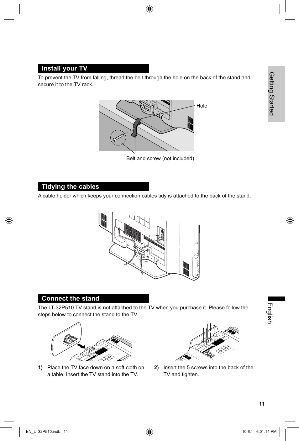 Install your tv, Tidying the cables, Connect the stand | English getting started install your tv | JVC 0610TMH-MW-ST User Manual | Page 11 / 64