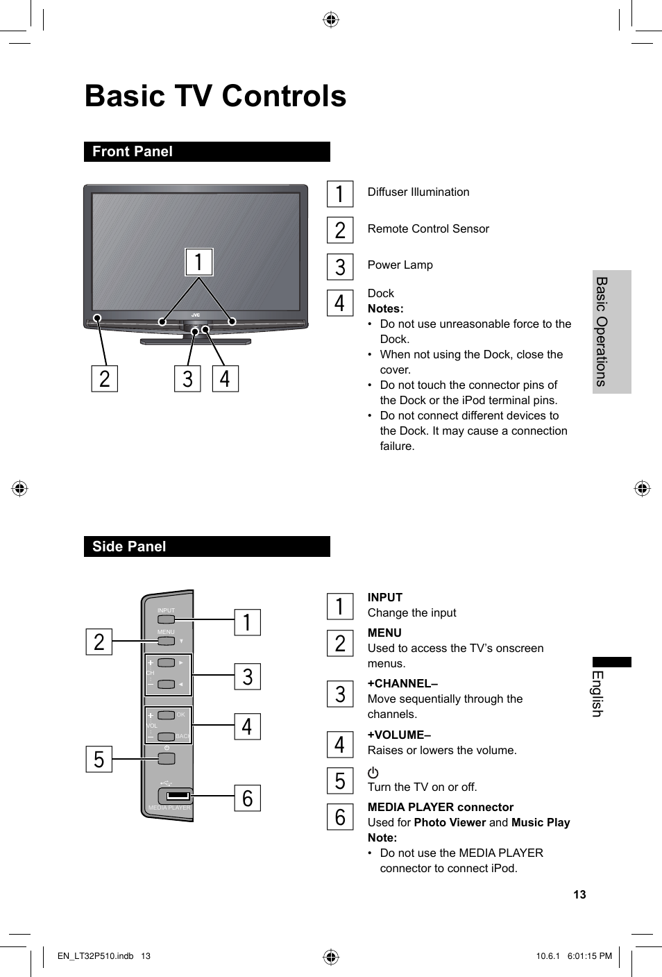 Basic tv controls, Front panel, Side panel | JVC 0610TMH-MW-ST User Manual | Page 13 / 64