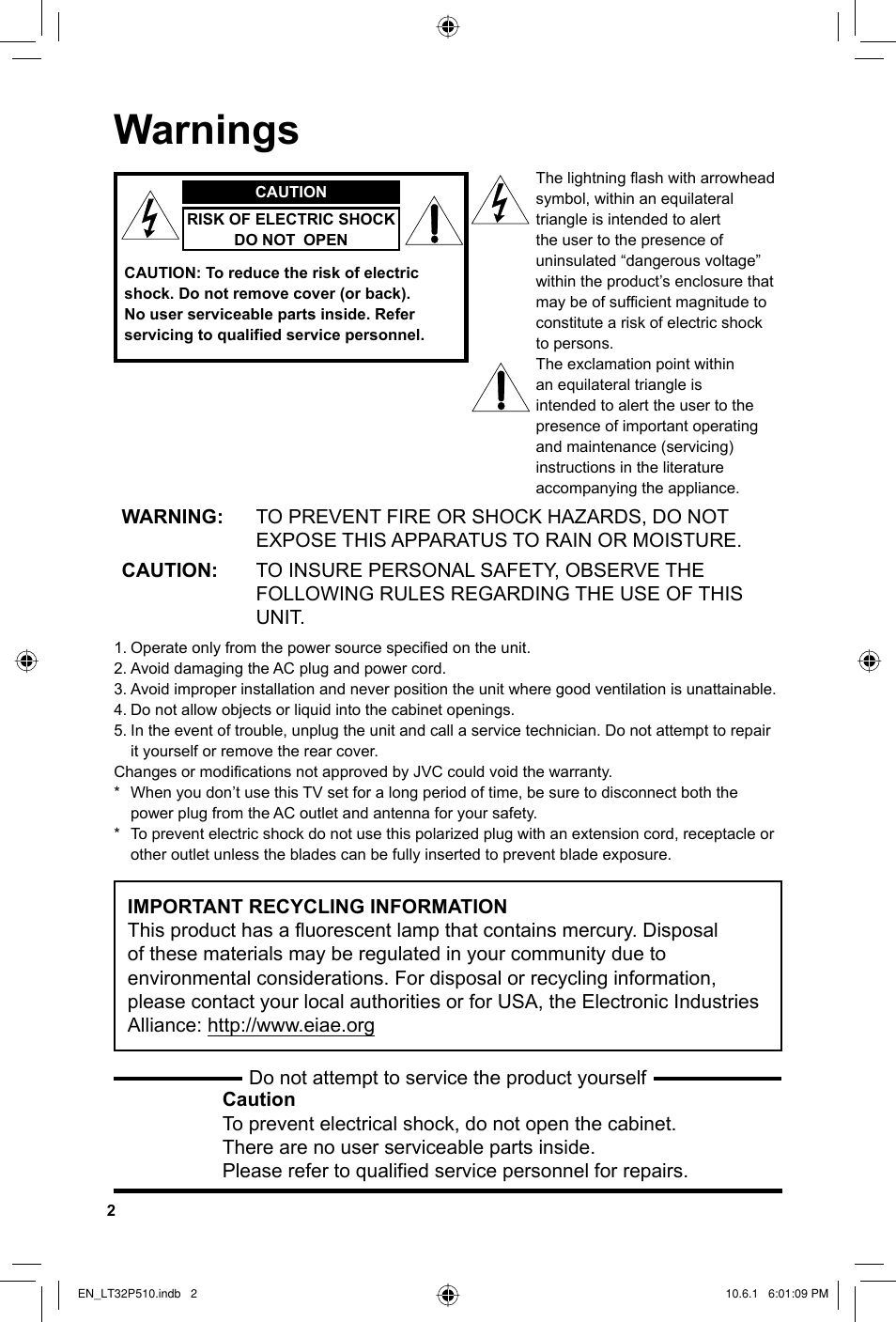 Warnings | JVC 0610TMH-MW-ST User Manual | Page 2 / 64