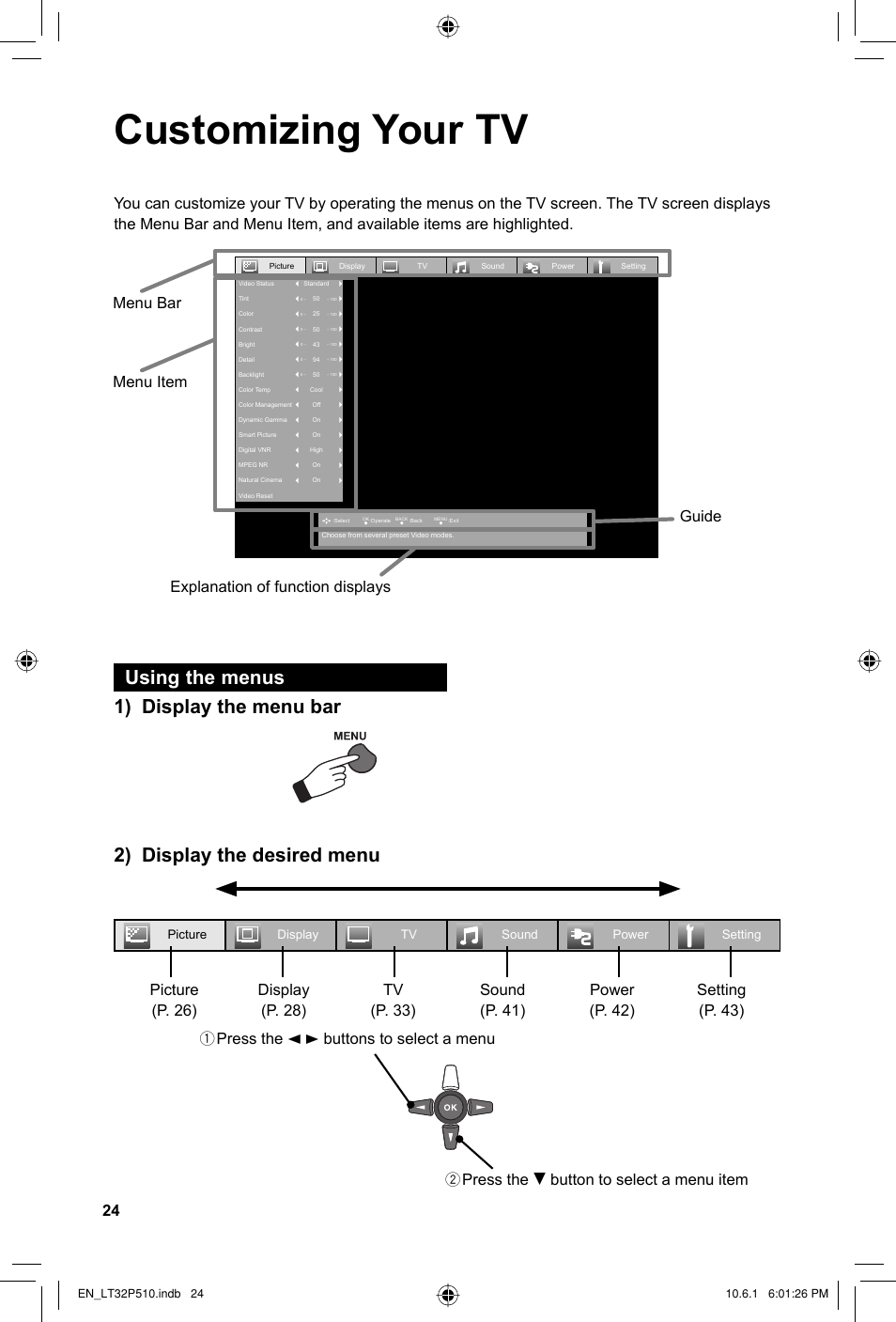 Customizing your tv, Using the menus, Button to select a menu item | JVC 0610TMH-MW-ST User Manual | Page 24 / 64