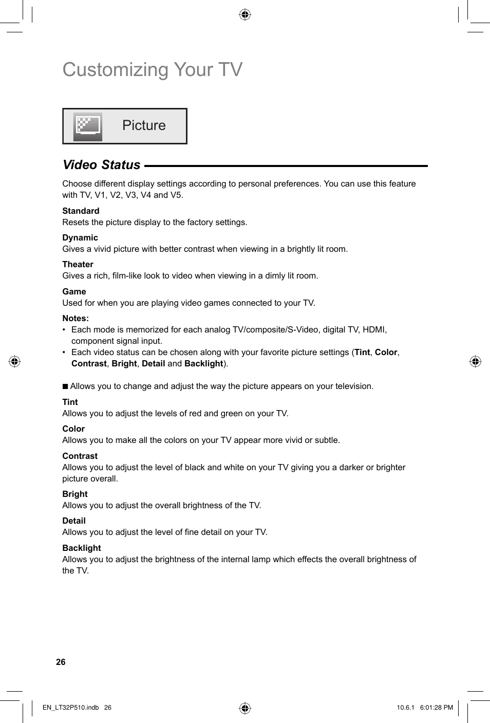 Picture, Customizing your tv, Video status | JVC 0610TMH-MW-ST User Manual | Page 26 / 64