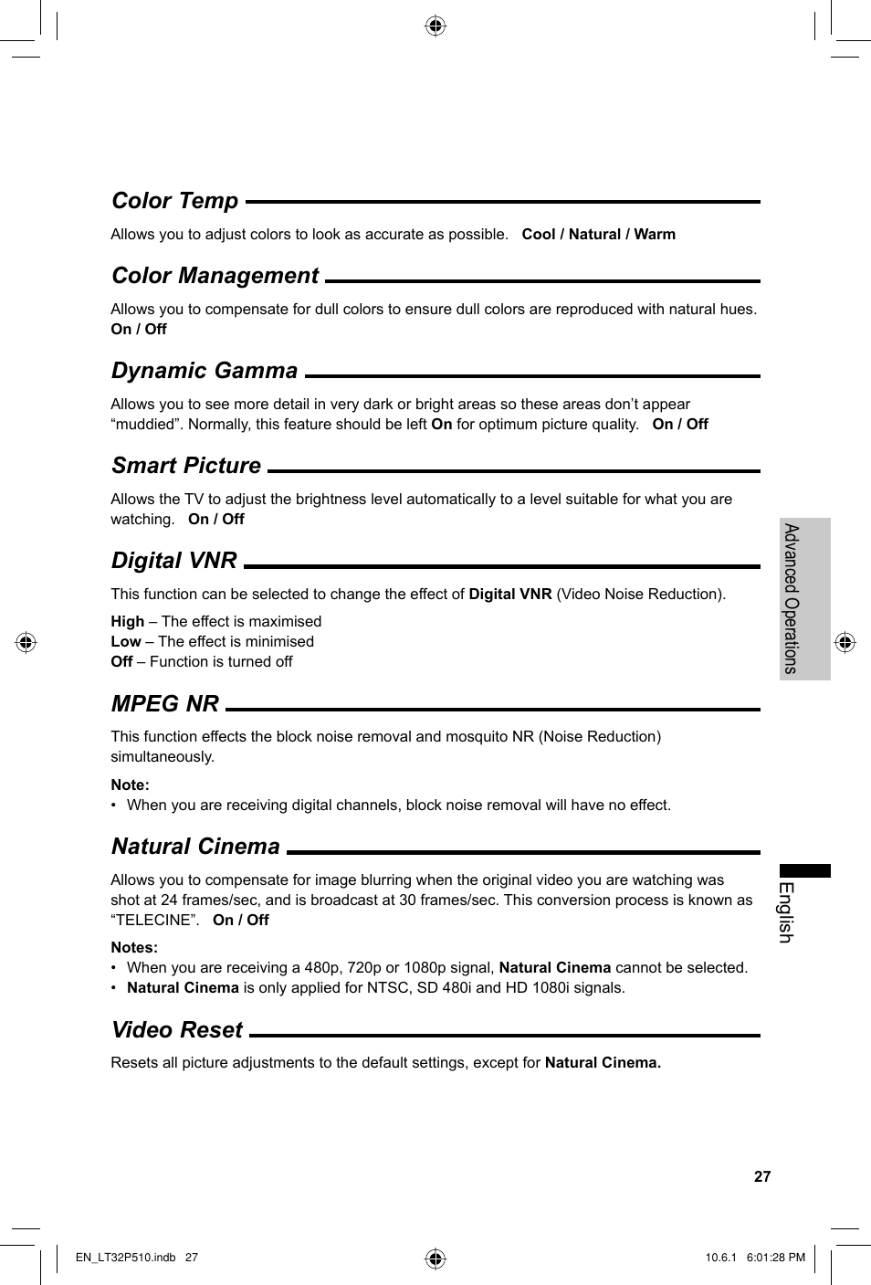 Color temp, Color management, Dynamic gamma | Smart picture, Digital vnr, Mpeg nr, Natural cinema, Video reset | JVC 0610TMH-MW-ST User Manual | Page 27 / 64