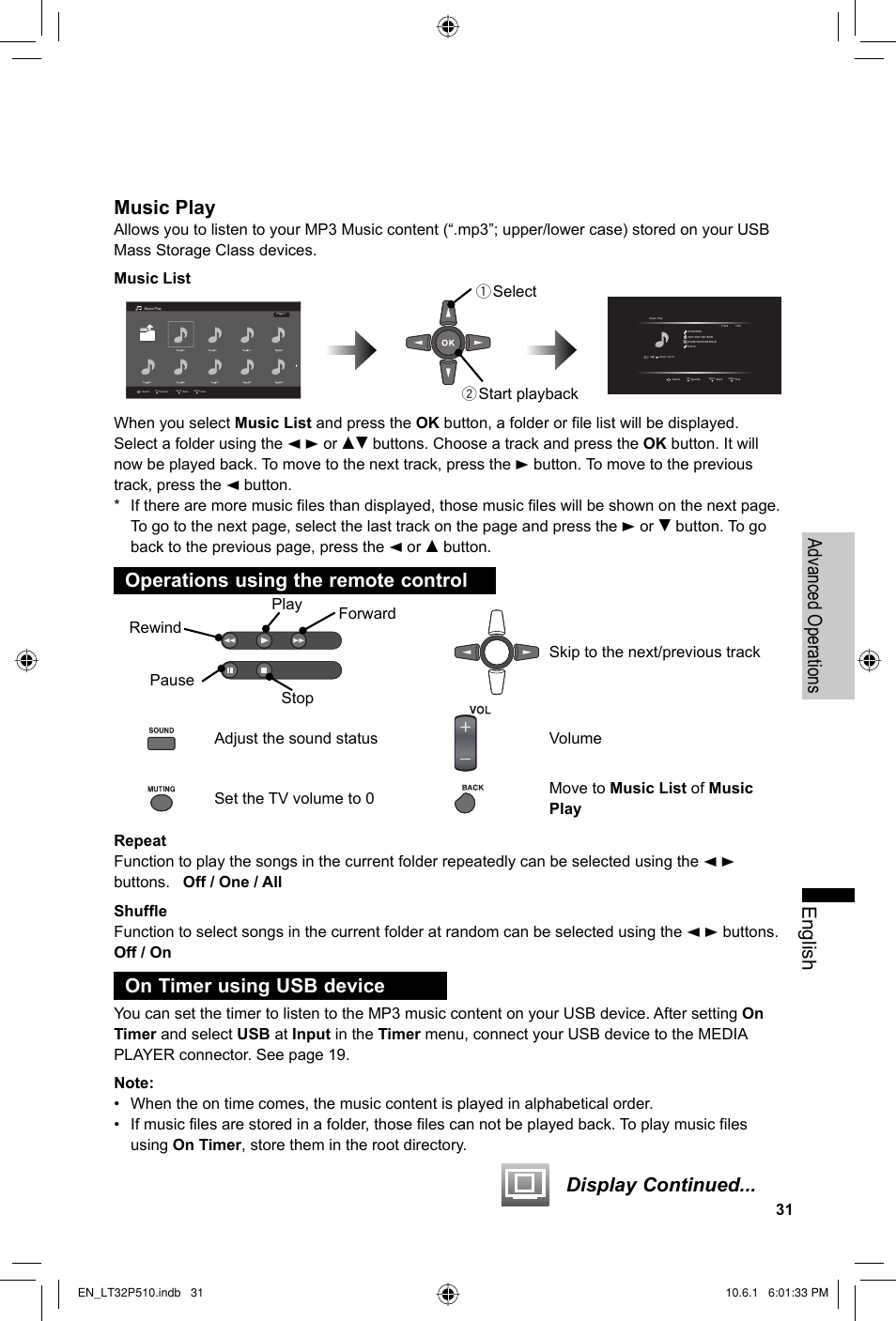 English advanced operations music play, Operations using the remote control, On timer using usb device | Display continued, Button | JVC 0610TMH-MW-ST User Manual | Page 31 / 64