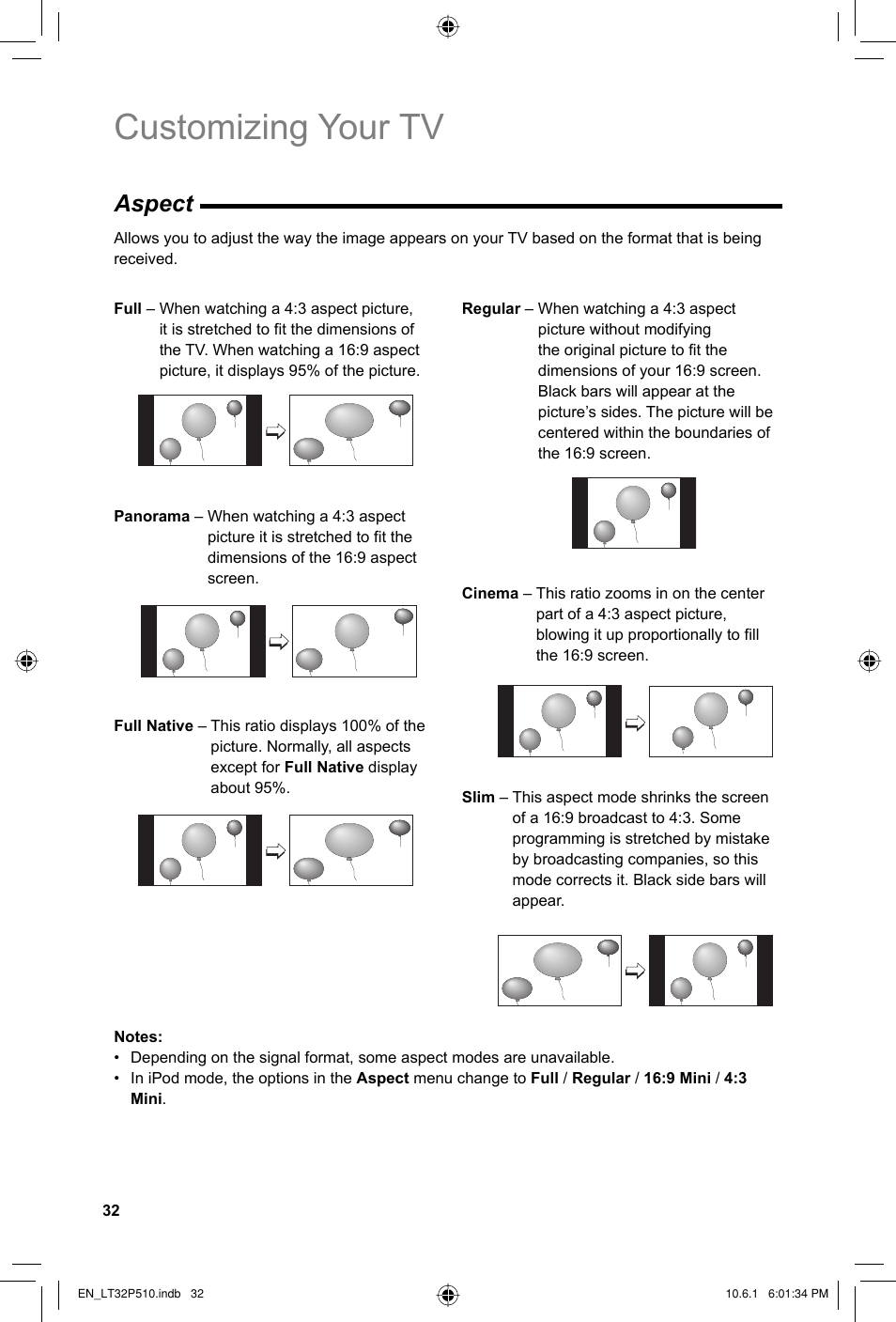 Customizing your tv, Aspect | JVC 0610TMH-MW-ST User Manual | Page 32 / 64