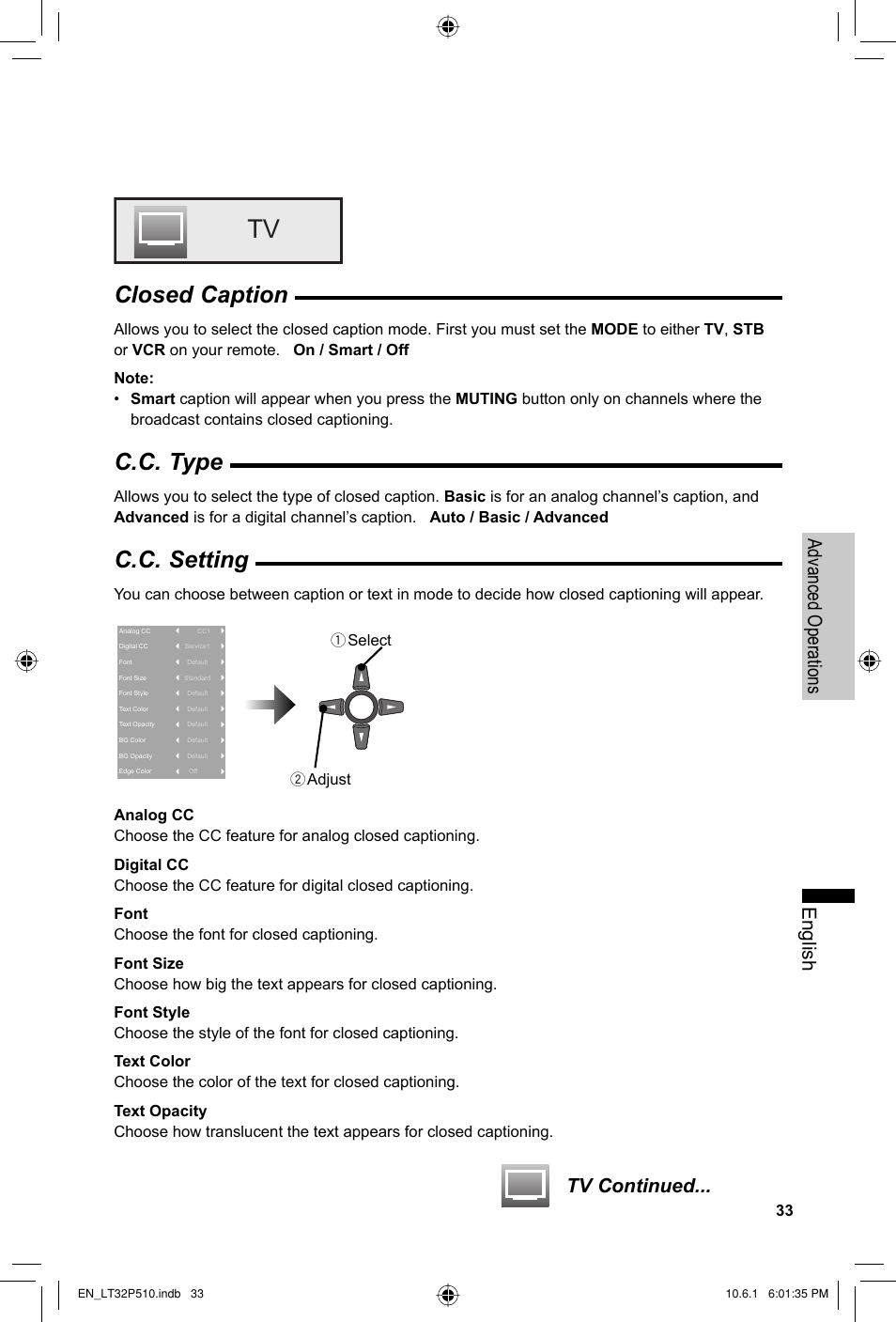 Closed caption, C.c. type, C.c. setting | English advanced operations, Tv continued | JVC 0610TMH-MW-ST User Manual | Page 33 / 64