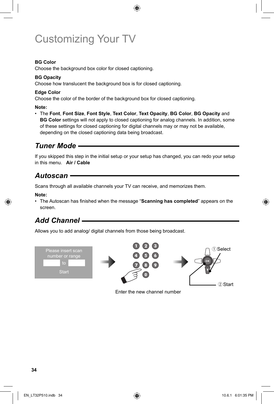 Customizing your tv, Tuner mode, Autoscan | Add channel | JVC 0610TMH-MW-ST User Manual | Page 34 / 64