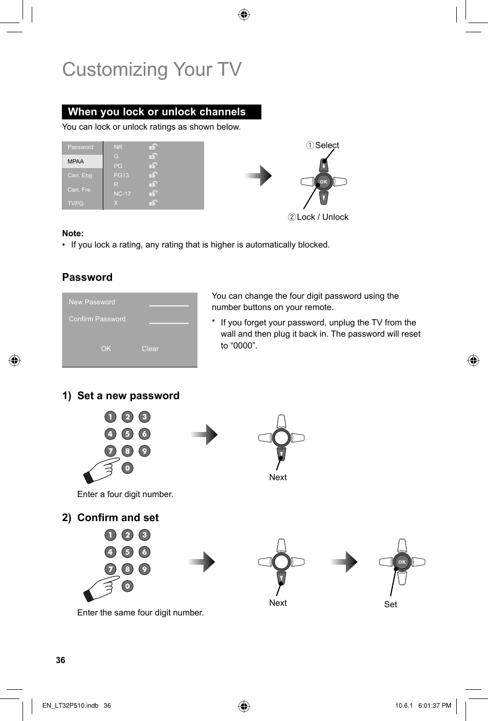 Customizing your tv, When you lock or unlock channels, 1) set a new password | 2) confirm and set, Password | JVC 0610TMH-MW-ST User Manual | Page 36 / 64