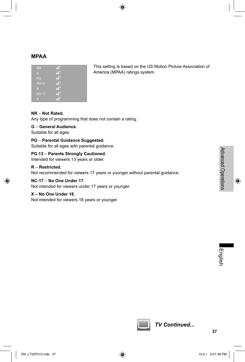 English advanced operations tv continued... mpaa | JVC 0610TMH-MW-ST User Manual | Page 37 / 64
