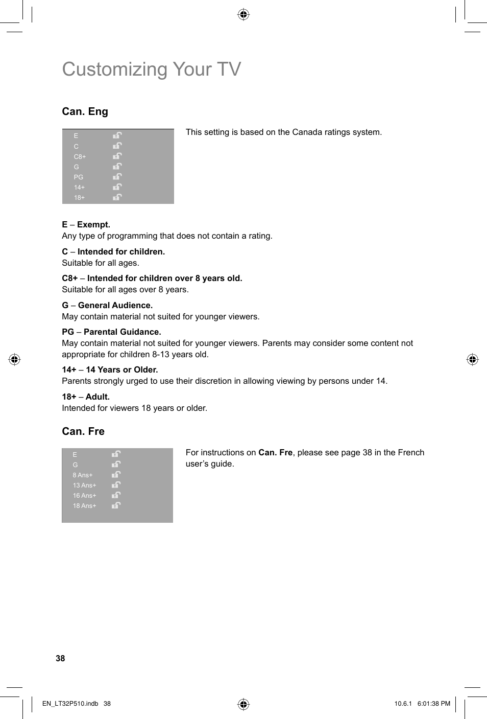 Customizing your tv, Can. eng, Can. fre | JVC 0610TMH-MW-ST User Manual | Page 38 / 64
