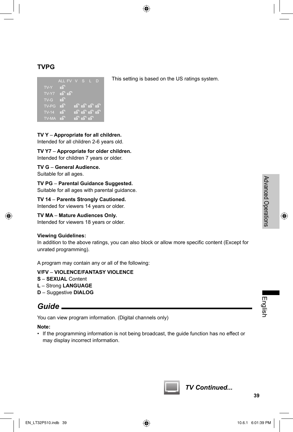 Guide, English advanced operations tv continued, Tvpg | JVC 0610TMH-MW-ST User Manual | Page 39 / 64