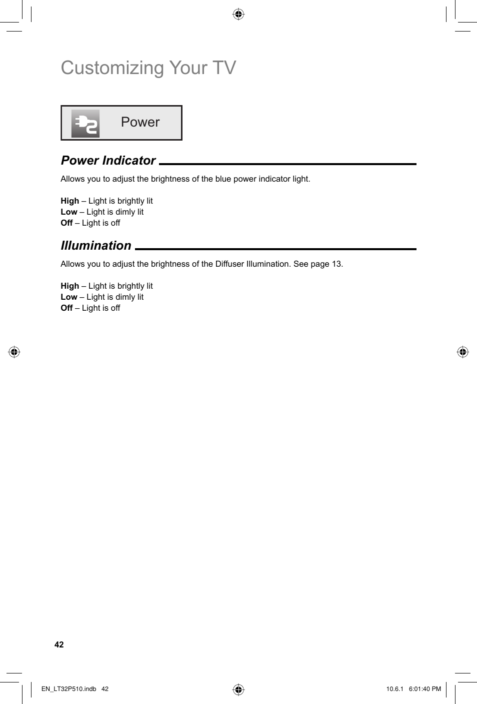 Power, Customizing your tv, Power indicator | Illumination | JVC 0610TMH-MW-ST User Manual | Page 42 / 64