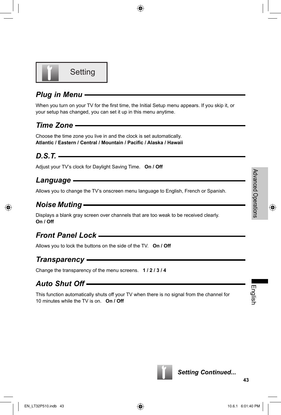 Setting, Plug in menu, Time zone | D.s.t, Language, Noise muting, Front panel lock, Transparency, Auto shut off | JVC 0610TMH-MW-ST User Manual | Page 43 / 64