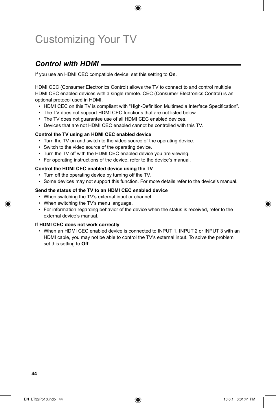 Customizing your tv, Control with hdmi | JVC 0610TMH-MW-ST User Manual | Page 44 / 64