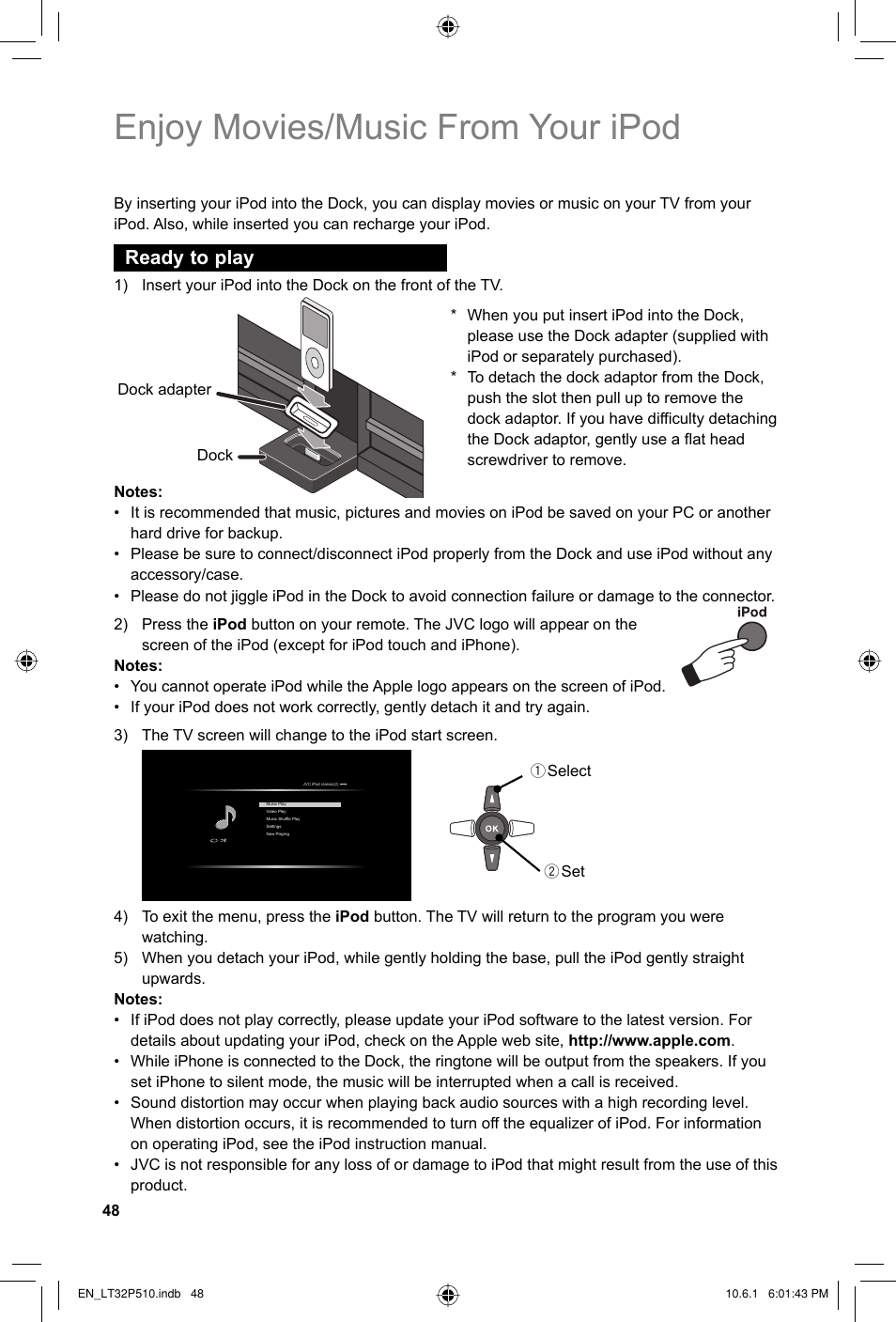 Ready to play, Enjoy movies/music from your ipod | JVC 0610TMH-MW-ST User Manual | Page 48 / 64