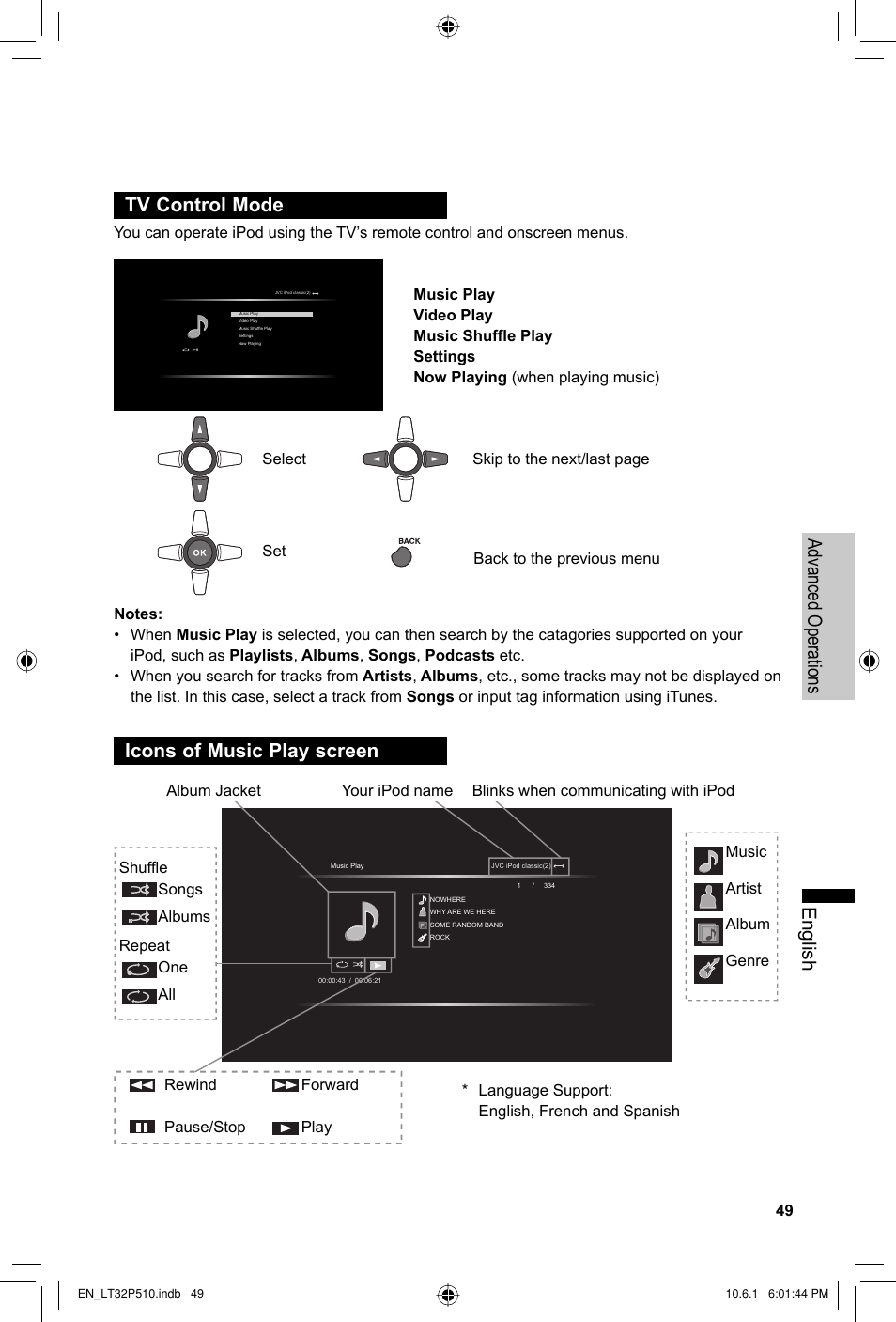 Tv control mode, Icons of music play screen, English advanced operations tv control mode | JVC 0610TMH-MW-ST User Manual | Page 49 / 64