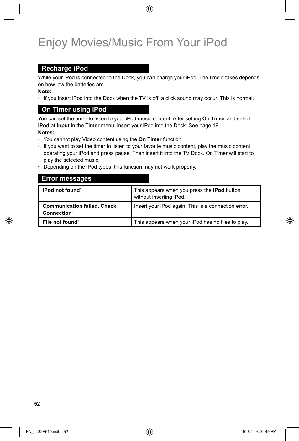 Recharge ipod, On timer using ipod, Error messages | Enjoy movies/music from your ipod | JVC 0610TMH-MW-ST User Manual | Page 52 / 64