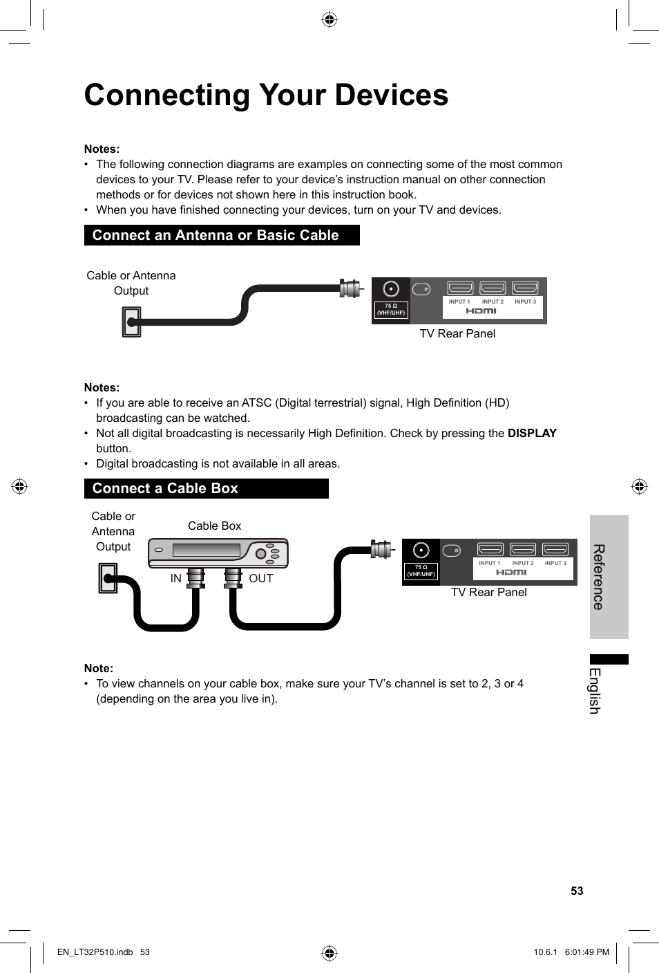Connecting your devices, Connect an antenna or basic cable, Connect a cable box | English reference | JVC 0610TMH-MW-ST User Manual | Page 53 / 64